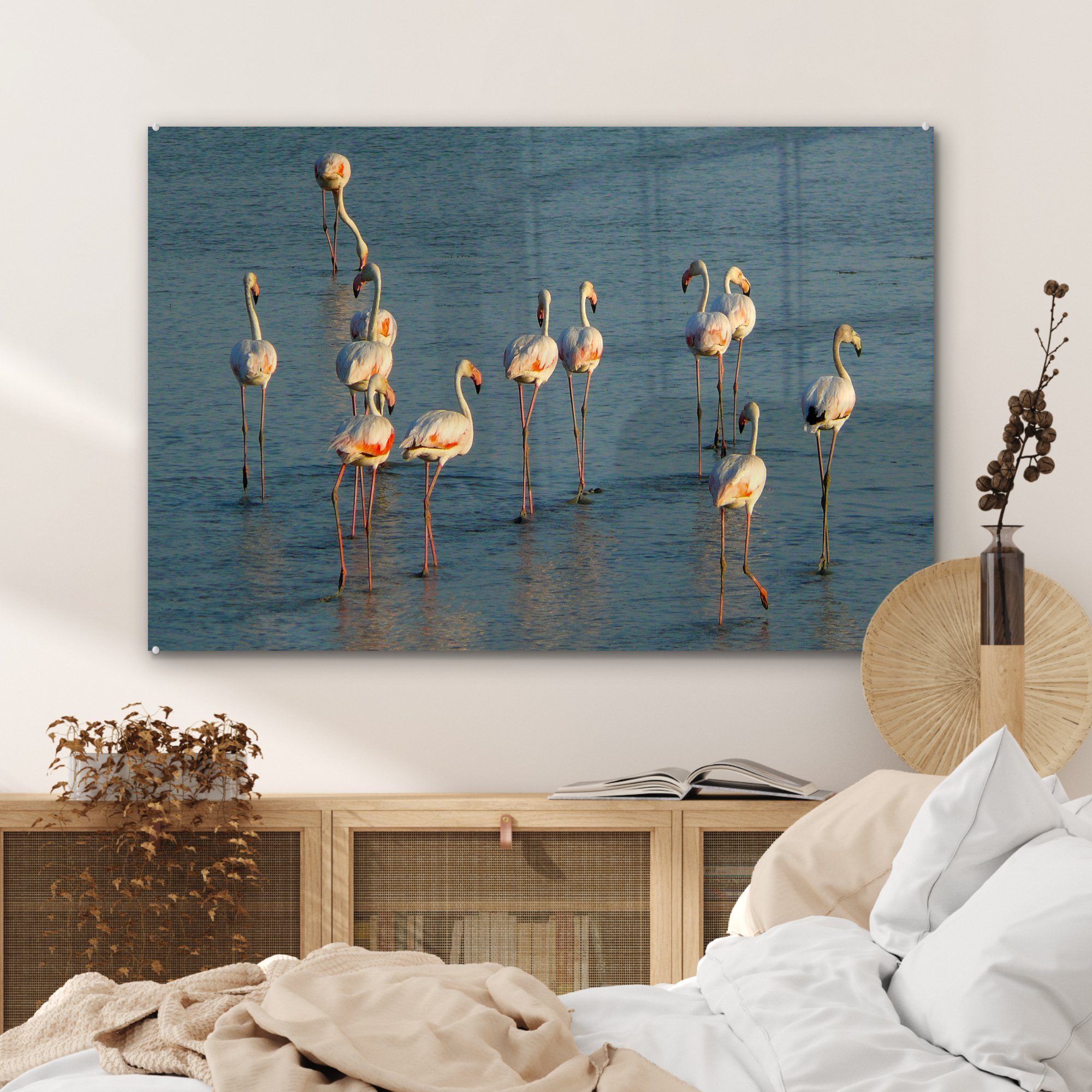 MuchoWow Acrylglasbild Flamingos im Doñana-Nationalpark in Acrylglasbilder Spanien, St), (1 Wohnzimmer & Schlafzimmer