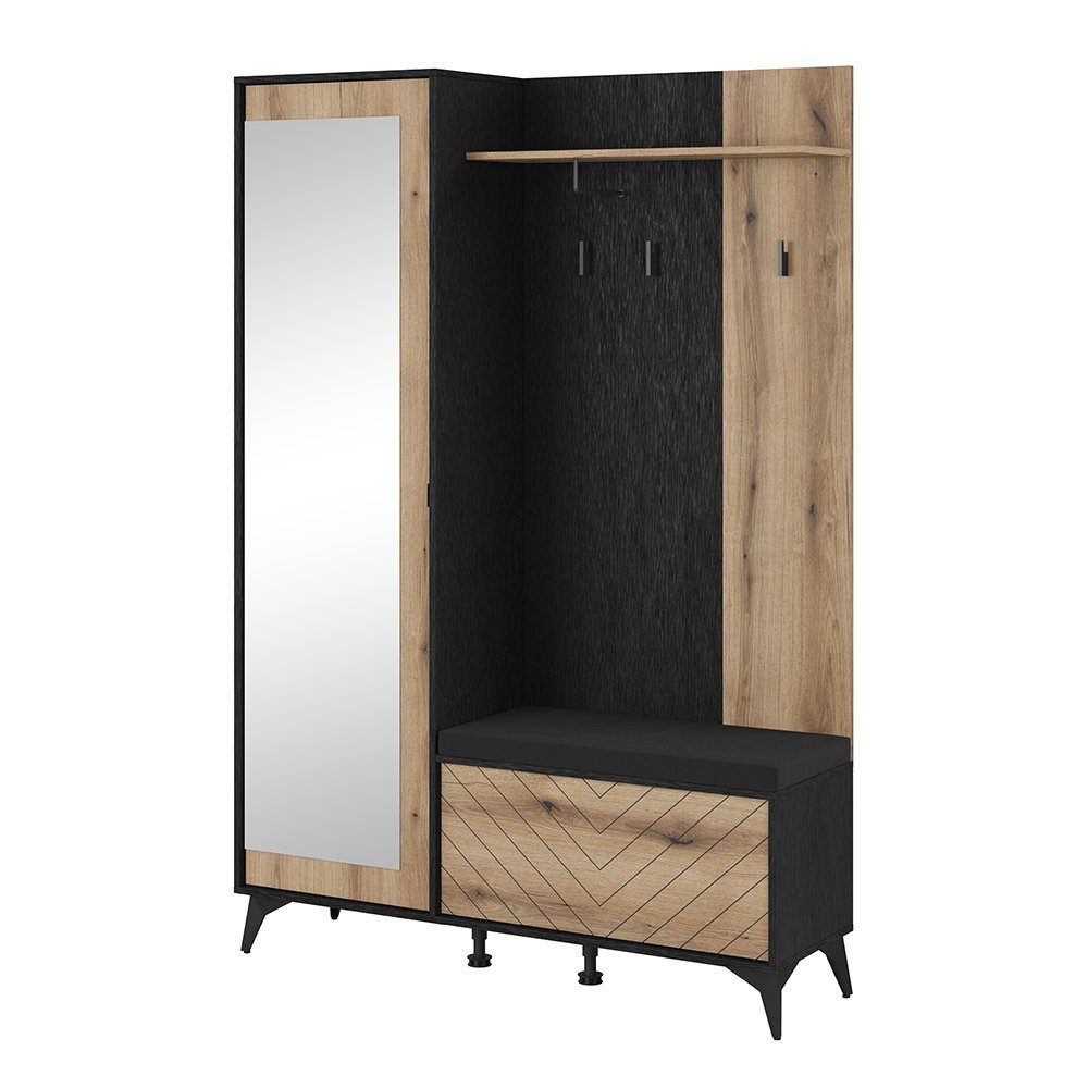 Lomadox Garderoben-Set DALE-160, (Spar-Set, 2-St), Flurmöbel Flurschrank Garderobenbank schwarz mit Eiche 134x197x39 cm