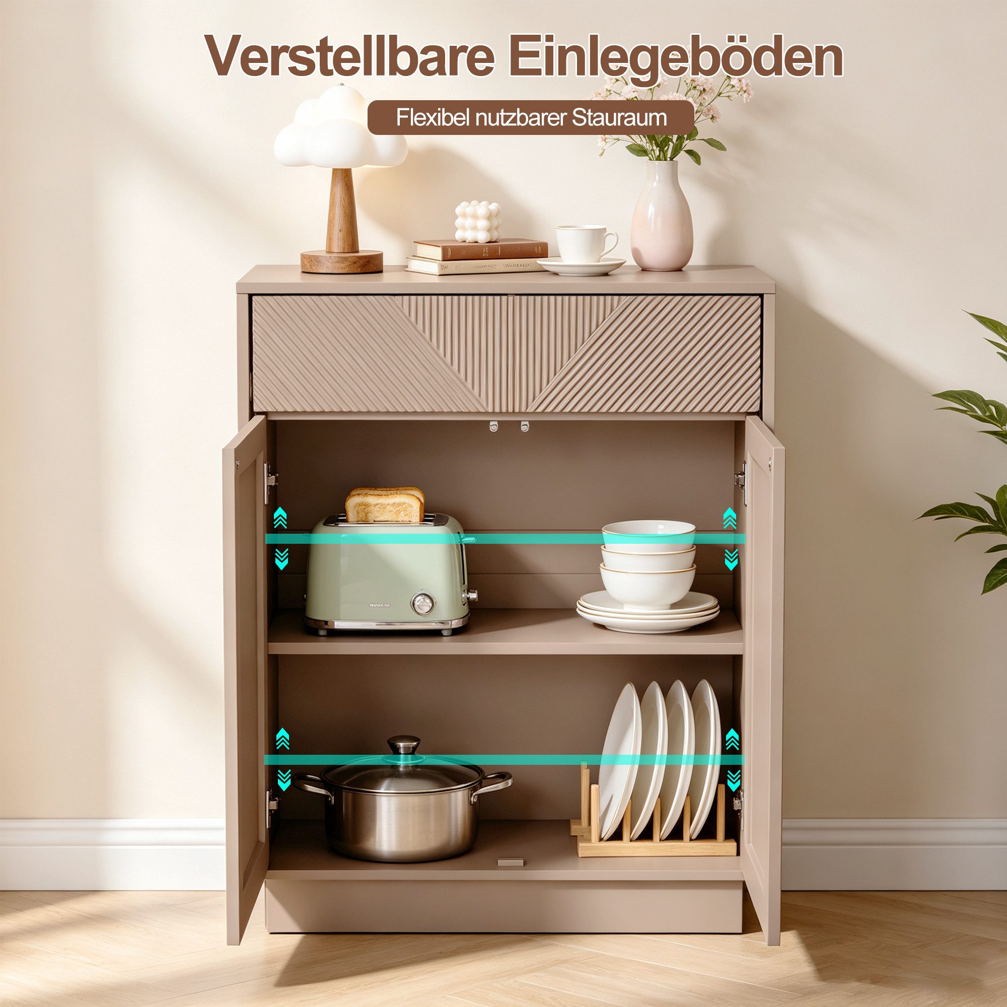 UEV Sideboard Küchenschrank mit 2 Türen & Schublade, 70x36,5x94cm grifflose Kommode (Flurschrank, Kaffeebar Möbel, Kleine Kommode), Verstellbarer Ablage & Push- – Bild 5 von 5