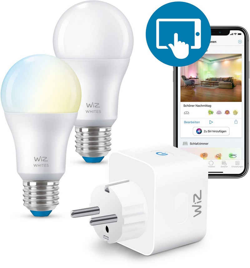 WiZ Bundle, Tunable White 2er Set + Smart Plug LED-Leuchtmittel, E27, Warmweiß, kompatibel mit SmartThings; Plug-and-Play; Sprachsteuerung