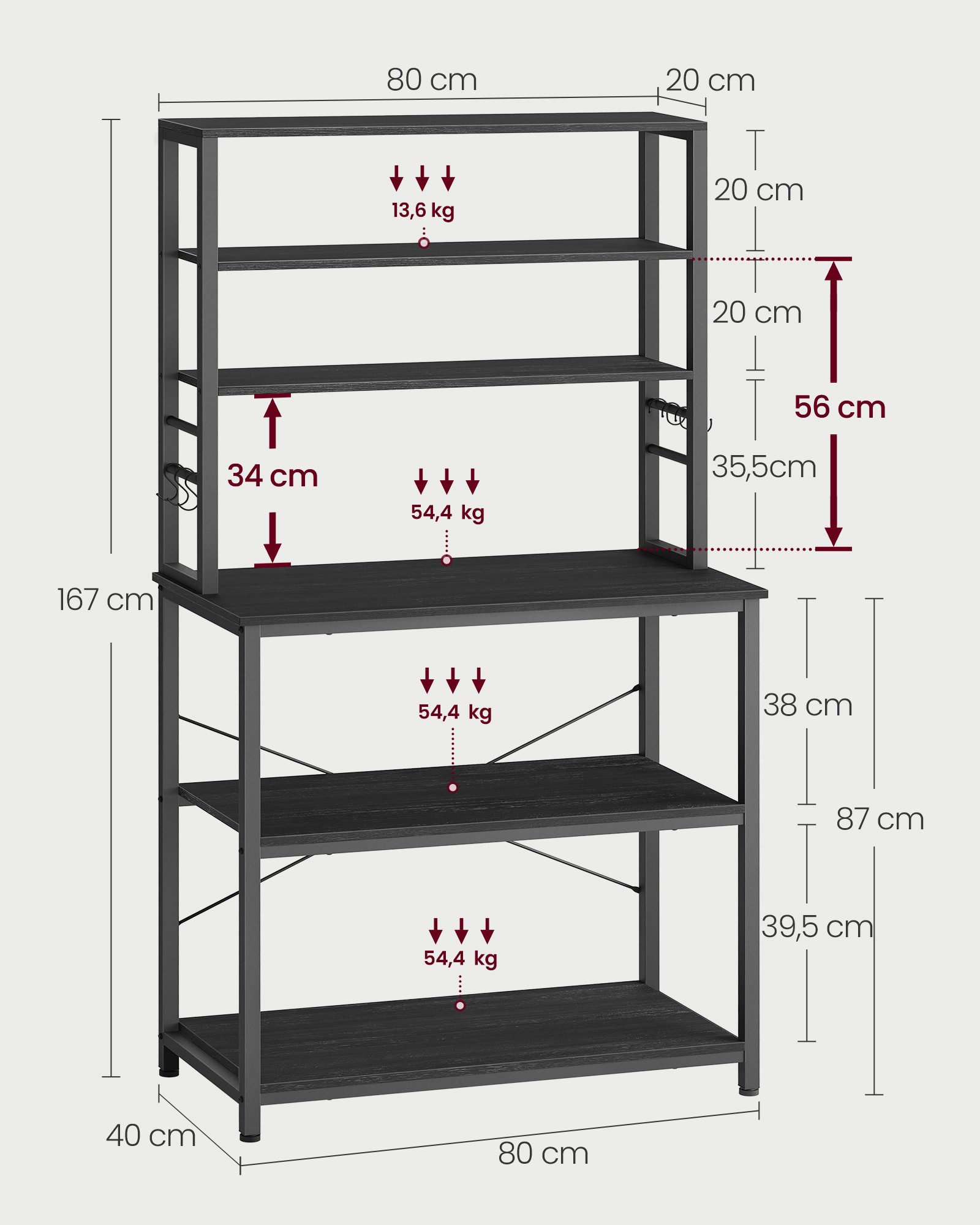 VASAGLE Standregal Küchenregal, Mikrowellen-Regal, 6 Haken, 6 Ablagen, 40 x 80 x 167 cm, Stahlrahmen, Industrie-Design