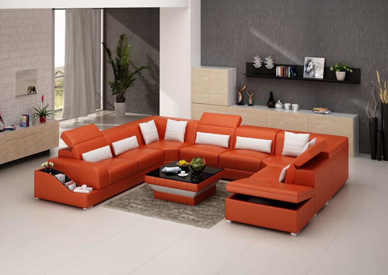 JVmoebel Ecksofa Leder Wohnlandschaft Eck Garnitur Design Modern Sofa U-Form +Hocker