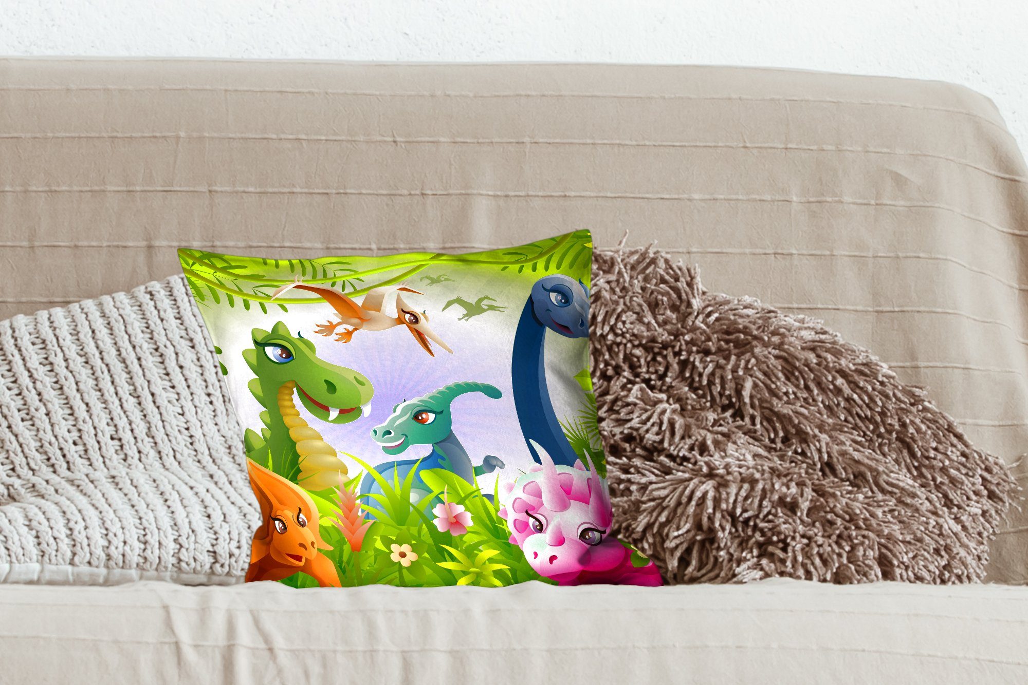 Wohzimmer, - Tiere Schlafzimmer, - Zierkissen Jungen -, - - Sofakissen Dinosaurier - Dekokissen MuchoWow Dschungel mit Illustration Baby Deko, Füllung für