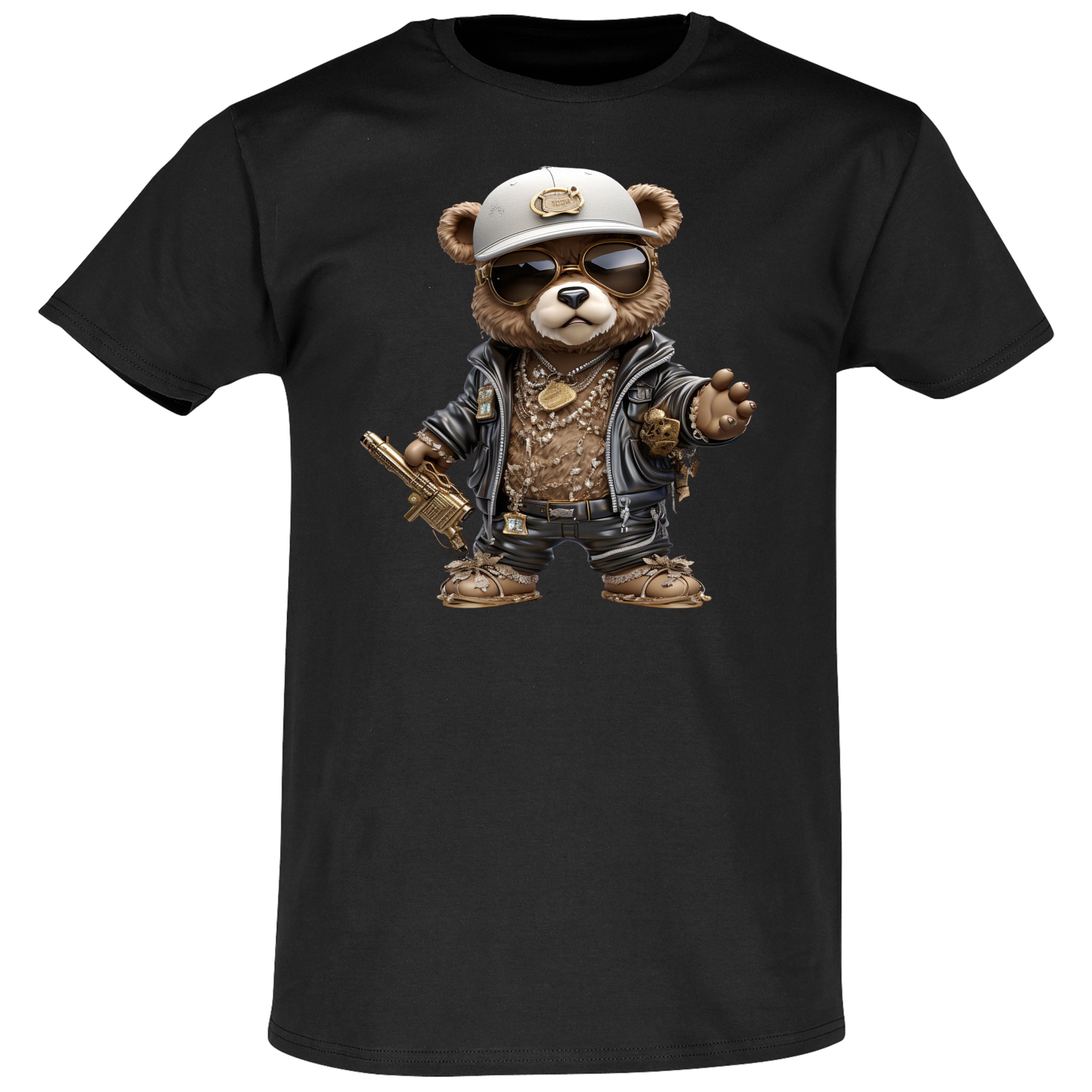 Banco T-Shirt Gangster Bär mit weißer Kappe und goldenem Maschinengewähr Schwarz
