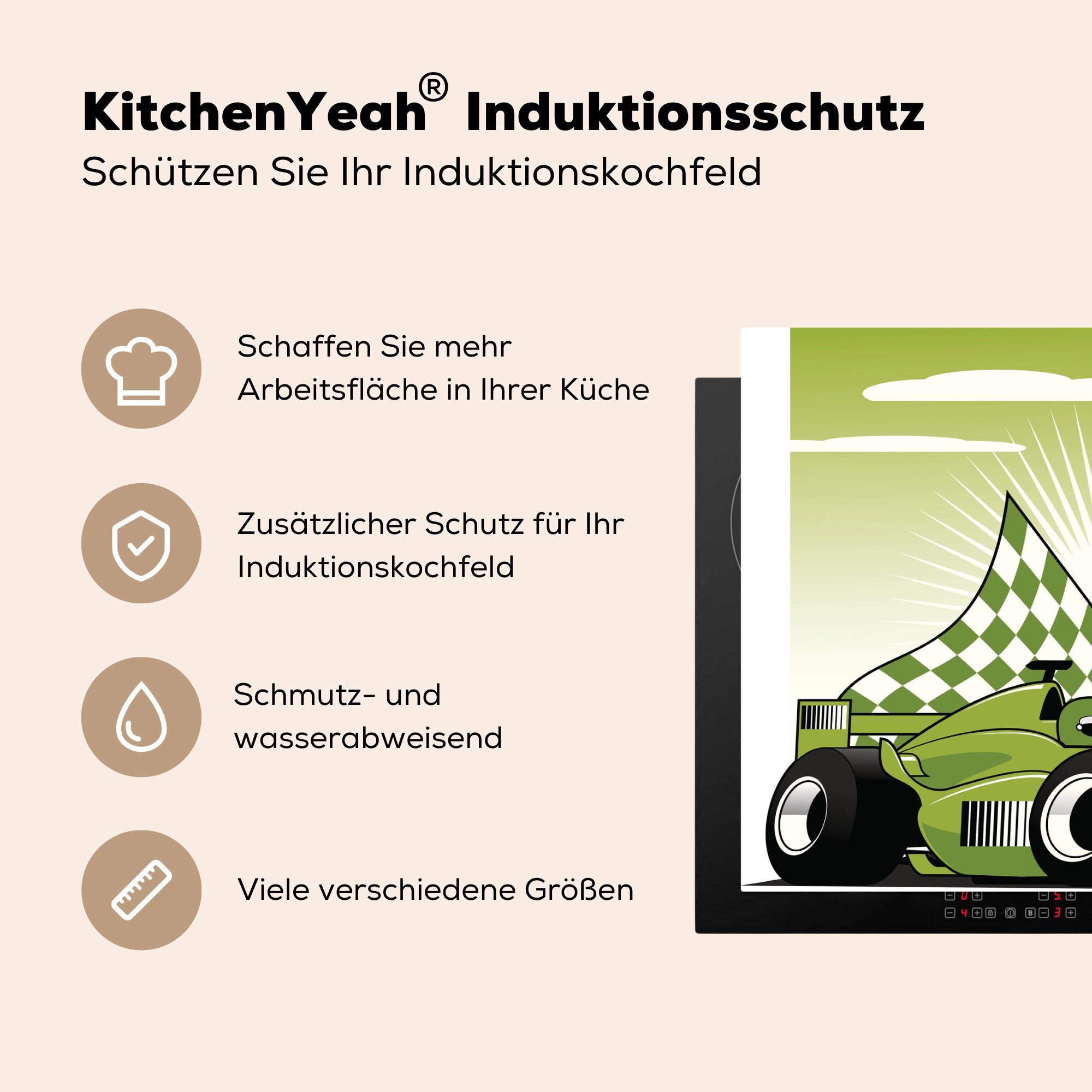 70x52 Arbeitsfläche Ein tlg), grüner cm, Ceranfeldabdeckung nutzbar, MuchoWow Vinyl, Herdblende-/Abdeckplatte Illustration, (1 Mobile Formel-1-Rennwagen in einer