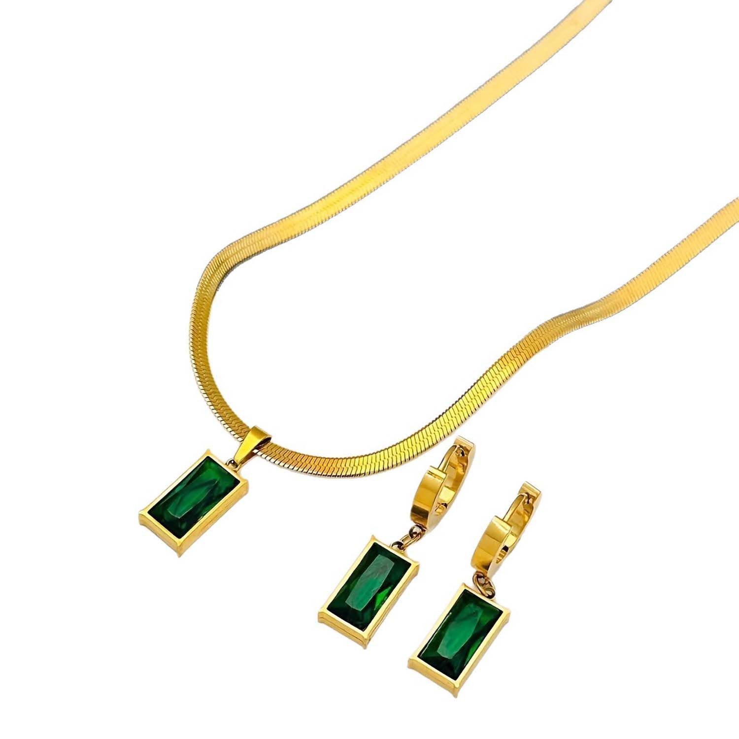 trends for living Schmuckset Halskette Ohrringen quadratischer grüner Zirkonia-Schlangenknochenkett