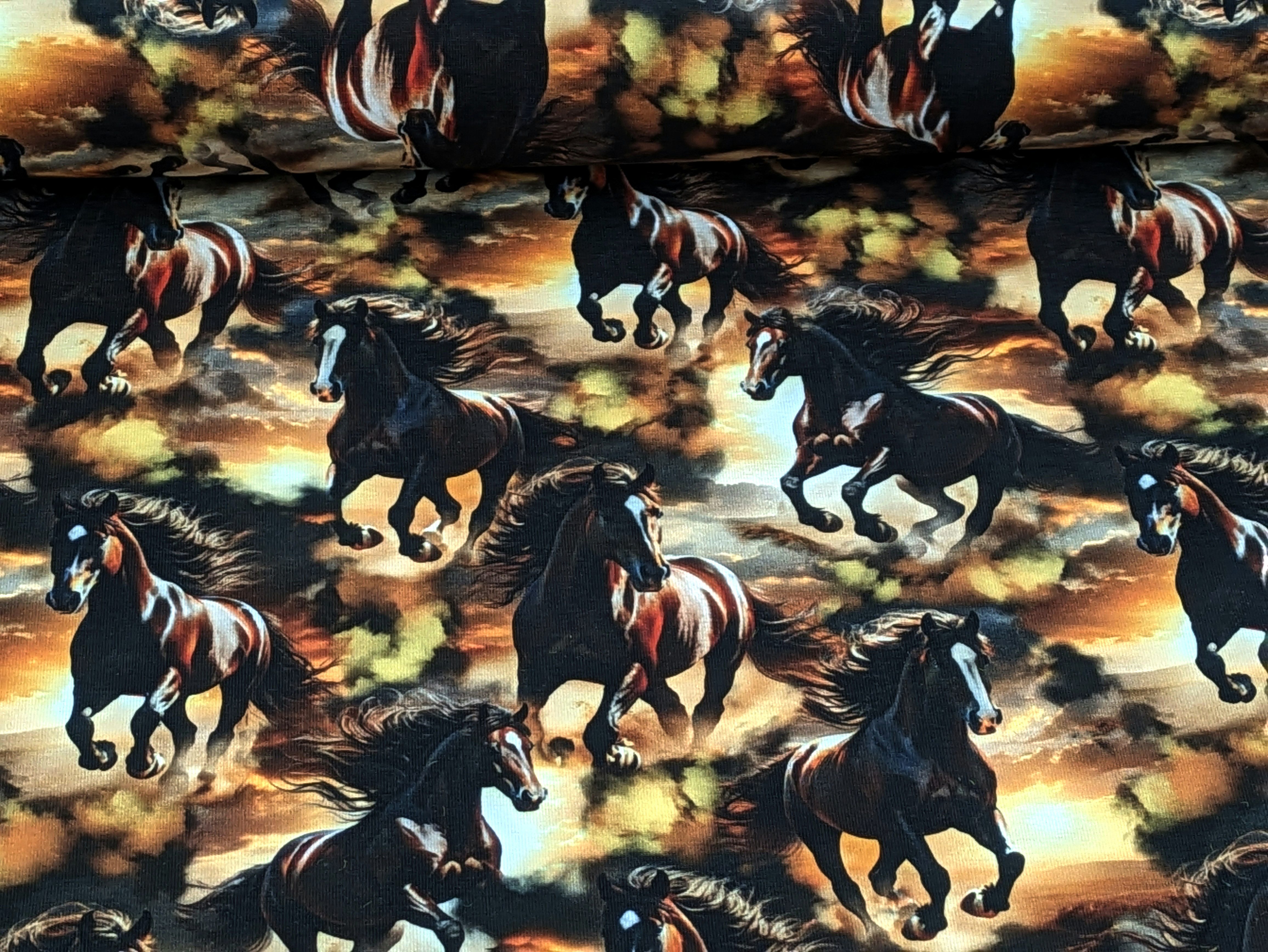 Corileo Stoff Eigenproduktion Baumwolljersey Wilde Pferde auf Braun Stoff