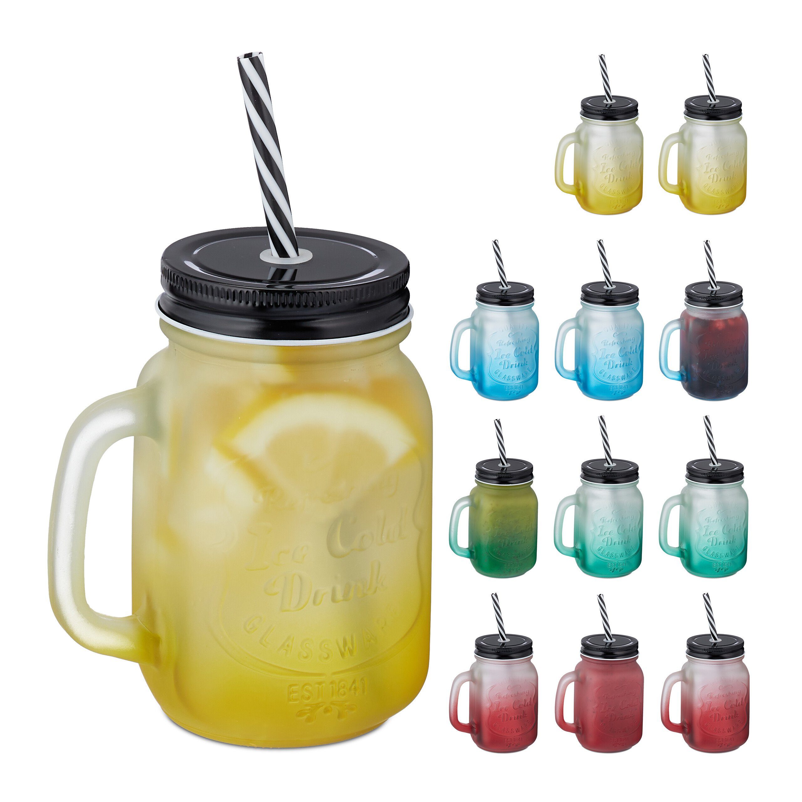 Gläser-Set Bunte Trinkgläser mit Deckel 12er Set