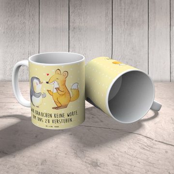 Mr. & Mrs. Panda Tasse Fuchs & Pinguin gehörlos - Gelb Pastell - Geschenk, Tasse, Geschenk T, Keramik, Einzigartiges Botschaft