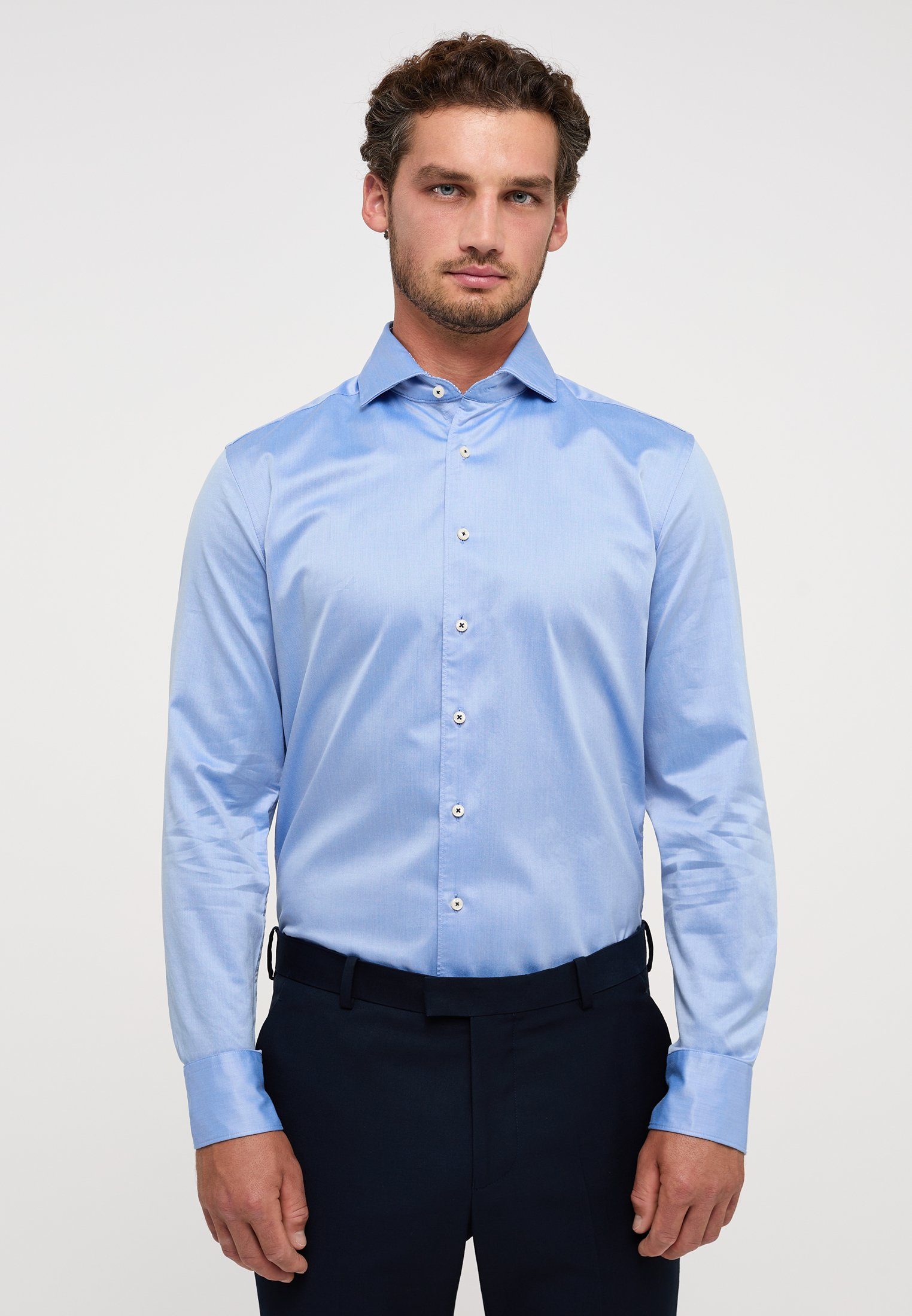 Langarmhemd mittelblau Eterna SLIM FIT