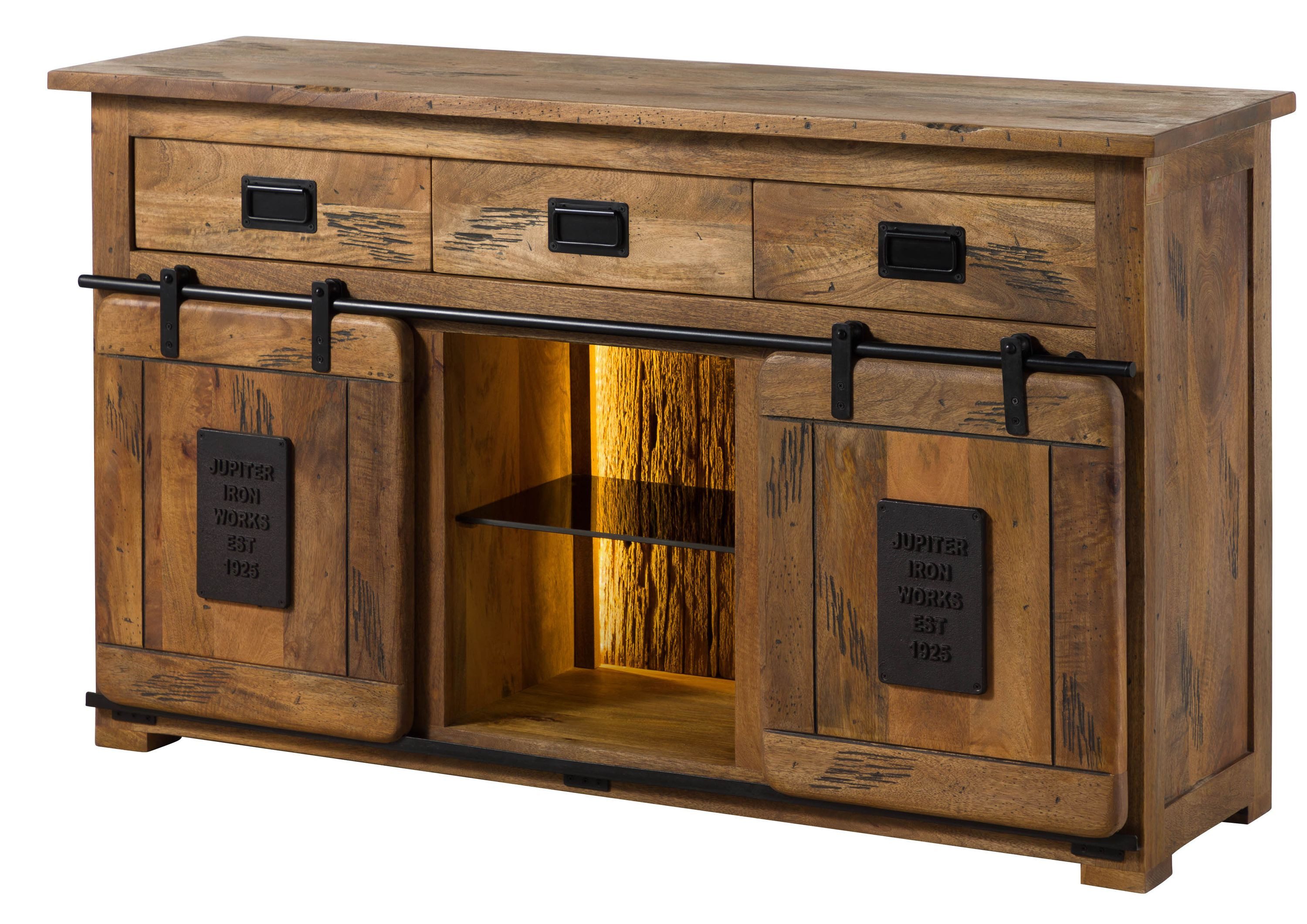 Massivmoebel24 Sideboard RAILWAY LUX (Massivholz), Mango / Altholz 150x45x90 natur lackiert RAILWAY LUX #100