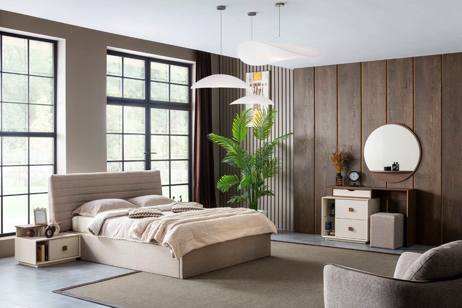 JVmoebel Schlafzimmer-Set Schlafzimmer-Set in Beige aus Holz – Stilvolle Linien für Ihr Zuhause, (5-tlg., MaßeBett, Maße2x Nachttische, MaßeSchminktisch mit Spiegel, MaßeHocker), Made in Europe