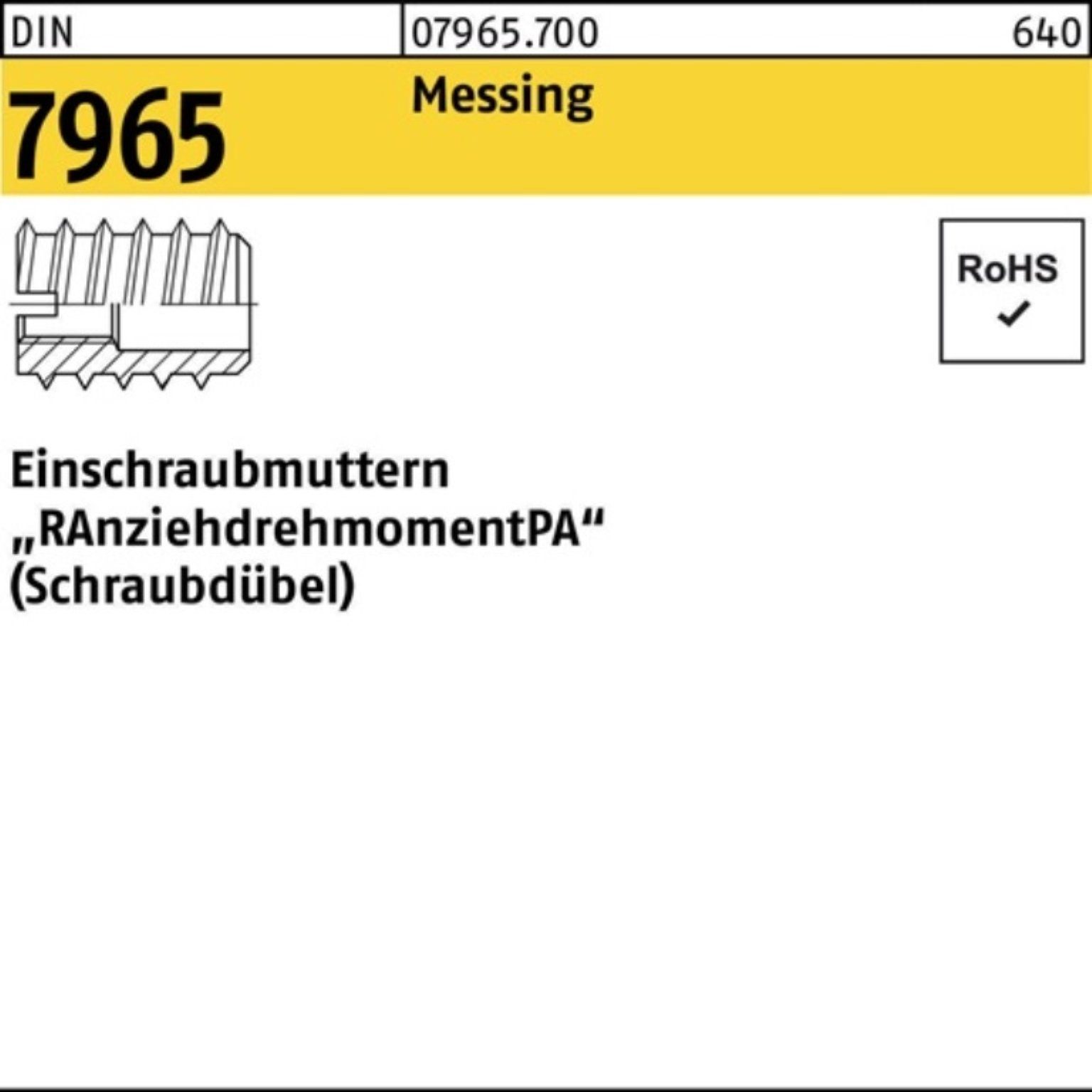 Pack Messing Reyher M8x 796 18 100er 100 Einschraubmutter DIN Stück DIN 7965 Einschraubmutter