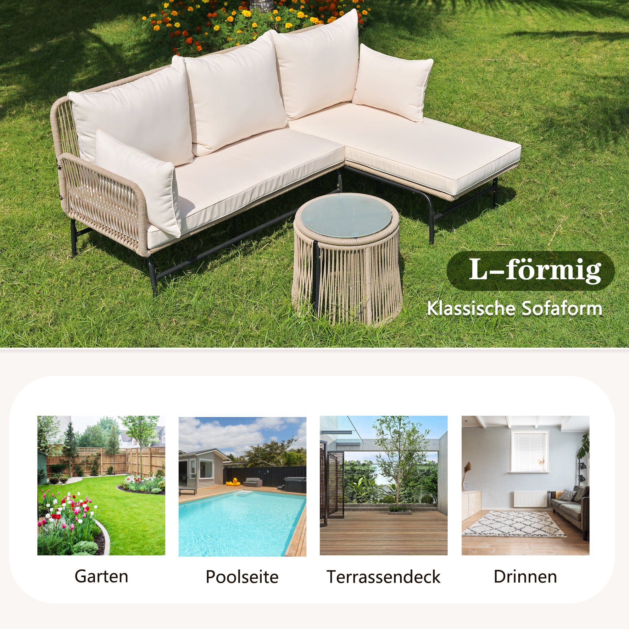 Merax Gartenlounge-Set für 4 Personen, mit Stahlrahmen und Tisch, (3-tlg), Gartenmöbel set Polytattan und Seil Geflecht, Rope Lounge Möbel
