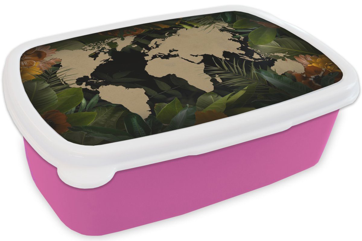 Mädchen, Weltkarte Erwachsene, Blätter, Kunststoff - Kinder, Pflanzen MuchoWow - Brotdose (2-tlg), rosa Brotbox Kunststoff, für Snackbox, Lunchbox