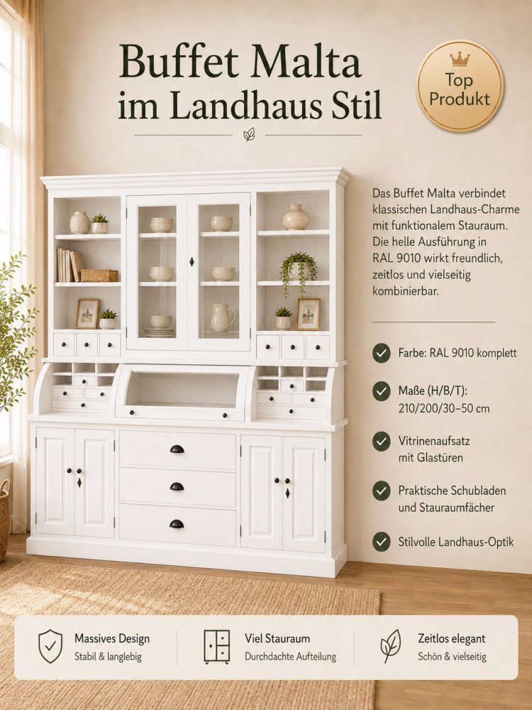 Wohnpalast Buffet Landhaus Buffet Schrank Malta Ladenschrank weiss 200 cm