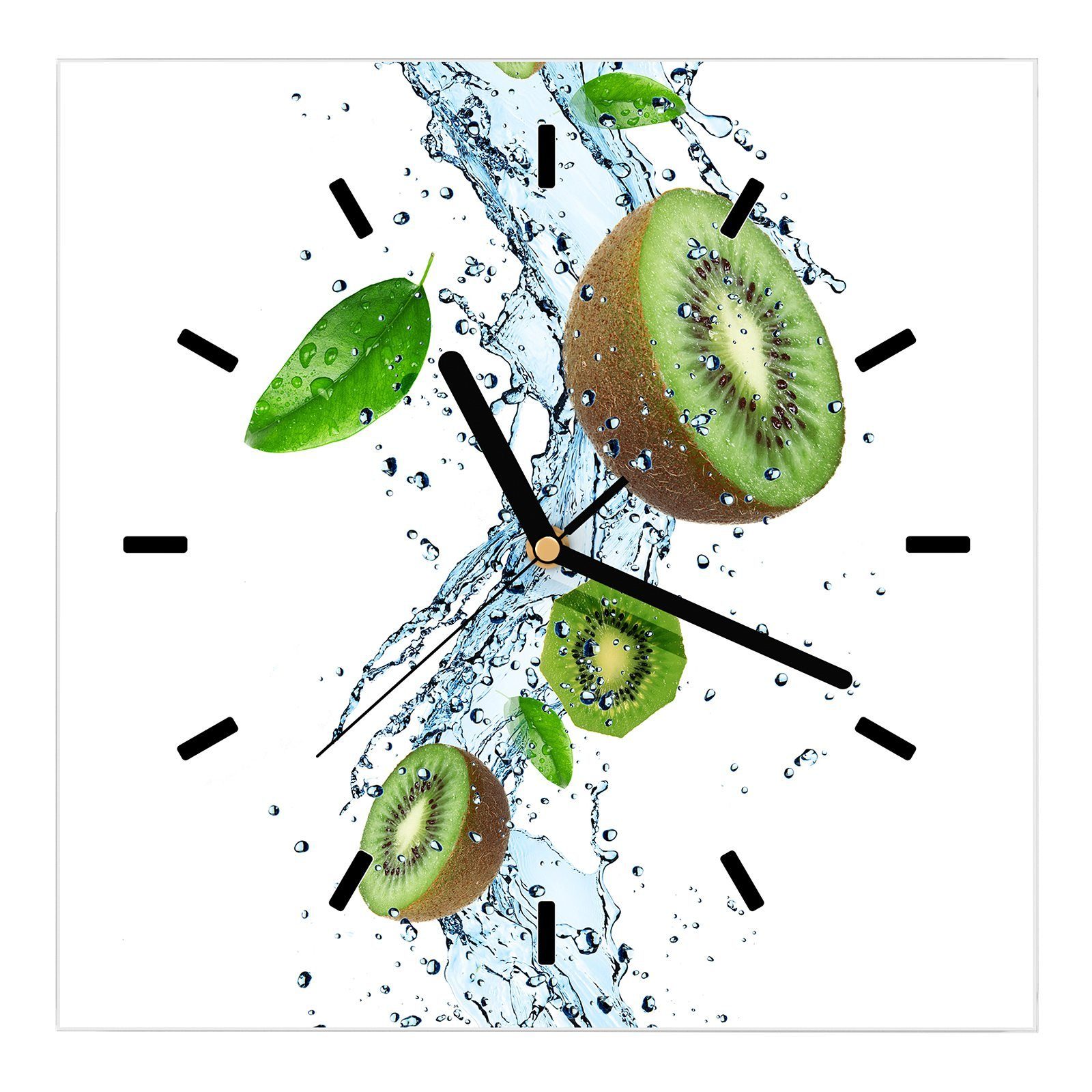 Primedeco Wanduhr Glasuhr Wanduhr Wandkunst Größe 30 x 30 cm mit Motiv Kiwi im Wasser