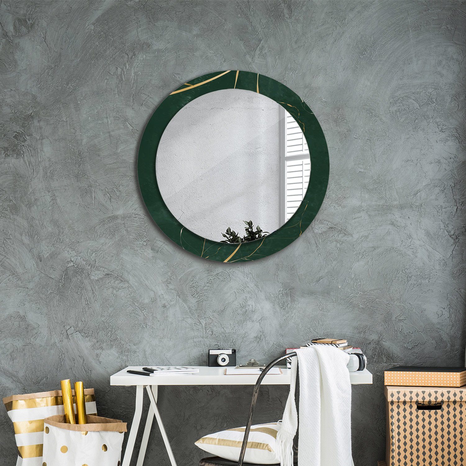 Dekospiegel Badezimmerspiegel Spiegel Tulup Rundspiegel Wandspiegel Leaves cm, Wohnzimmer Ø70 Aufdruck Golden mit Rund: