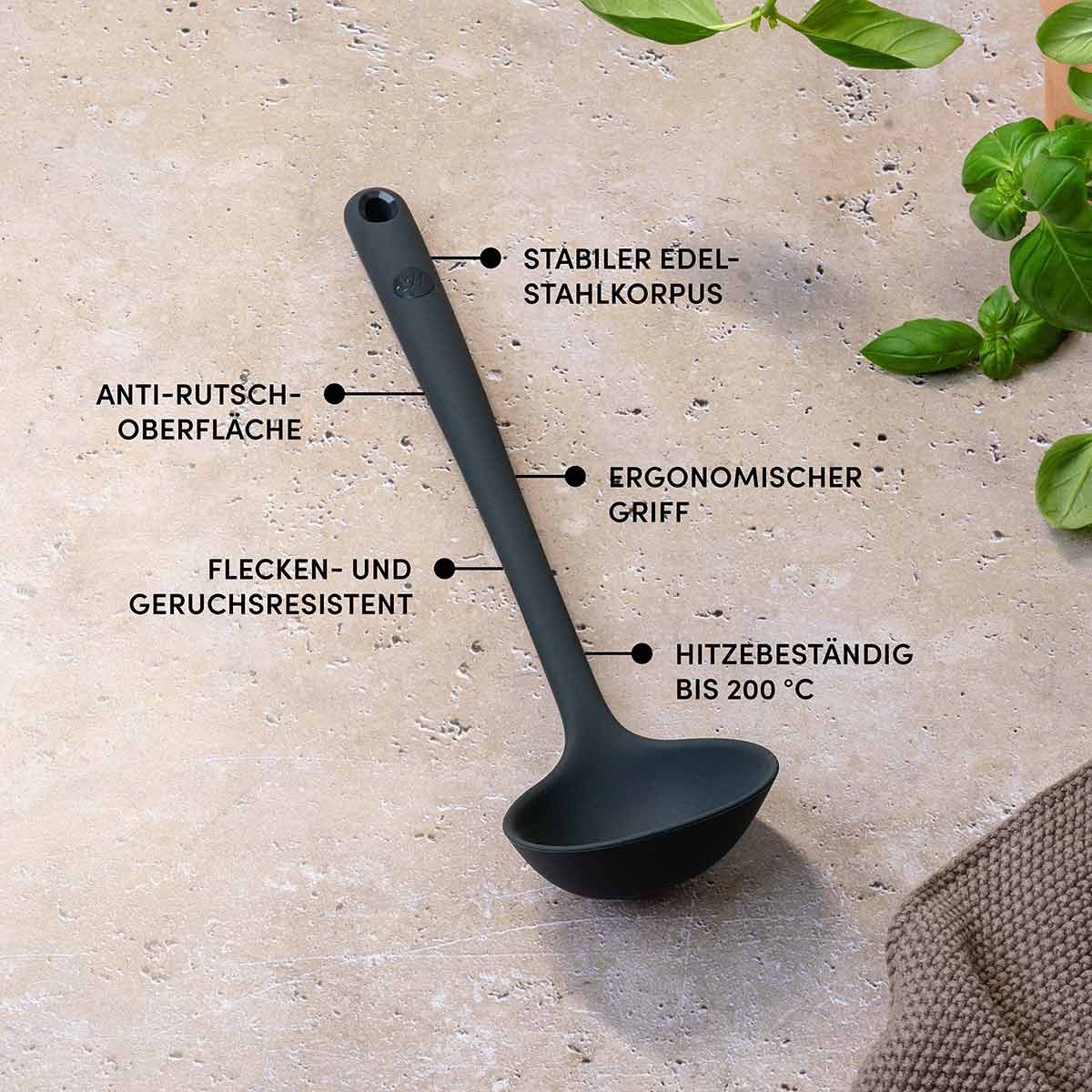 Hoffmann Germany Schöpfkelle Suppenkelle Silikon Edelstahl 32 cm anthrazit, 90 ml, (1-St) Edelstahlkern, flexible Lippe, 90 ml, spülmaschinenfest – Bild 5 von 5