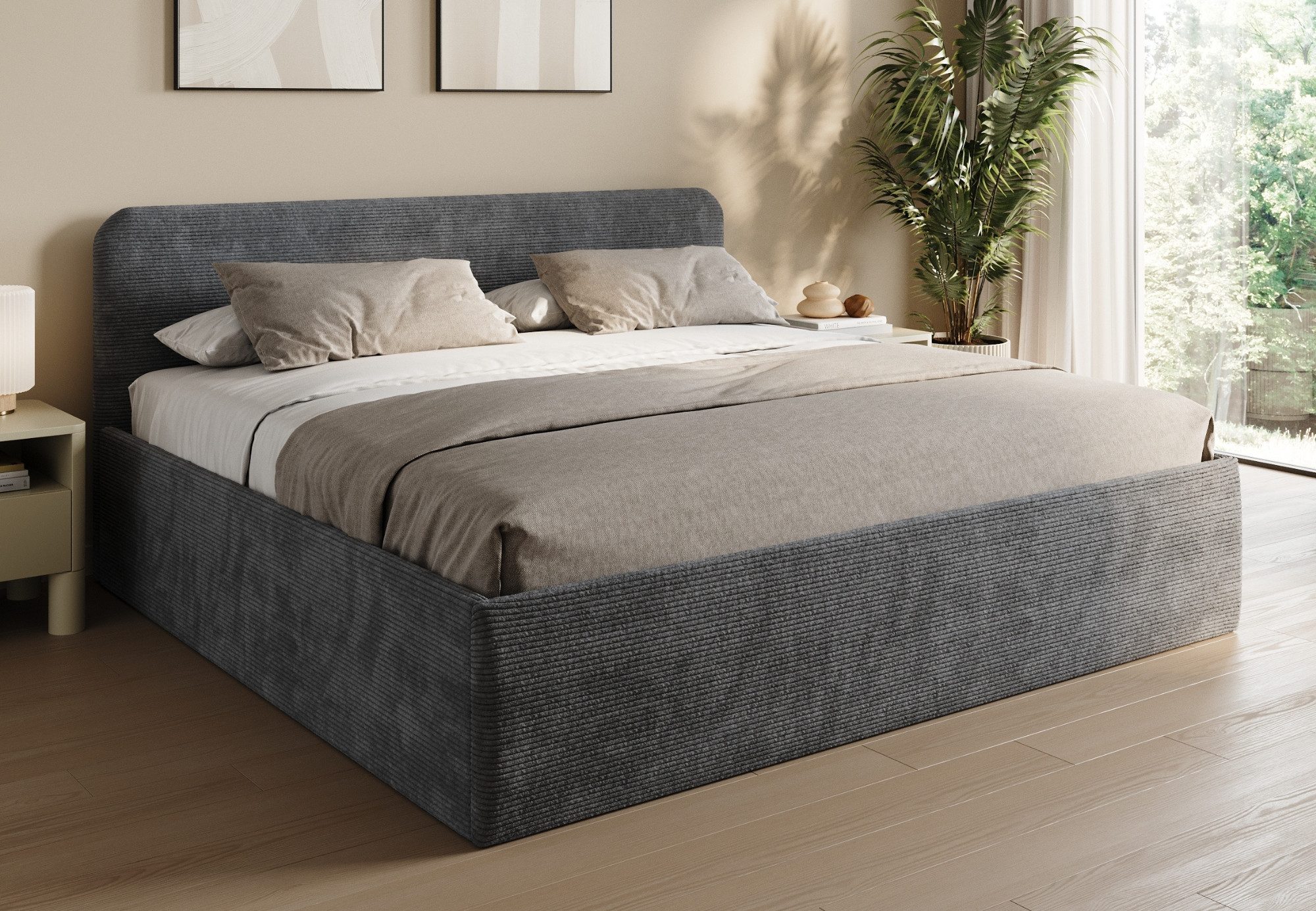 Home Collective Polsterbett Bett mit Stauraum, verstellbarem Lattenrost, viele Größen (Größen: 100x200 120x200 140x200 160x200 180x200 200x200, hochwertiger Kordstoff, made in Germany), wählbare Matratze Federkern oder Kaltschaum, Anthrazit