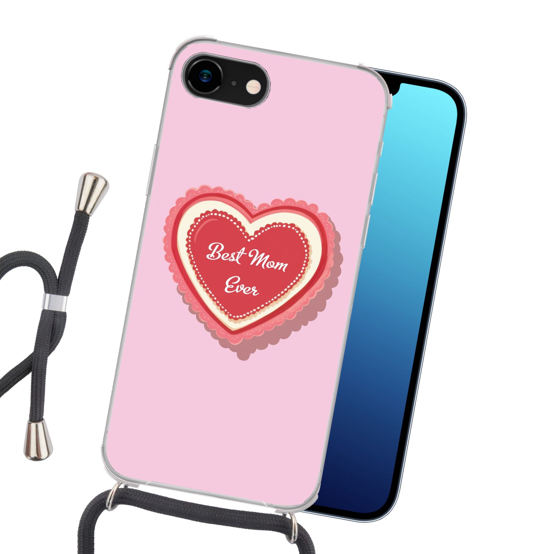 MuchoWow Handyhülle für Apple iPhone 8 Text - Herz - Mutter - Rosa, Tragbare Handyhüllen mit Kette zum umhängen, Handykette Handyband