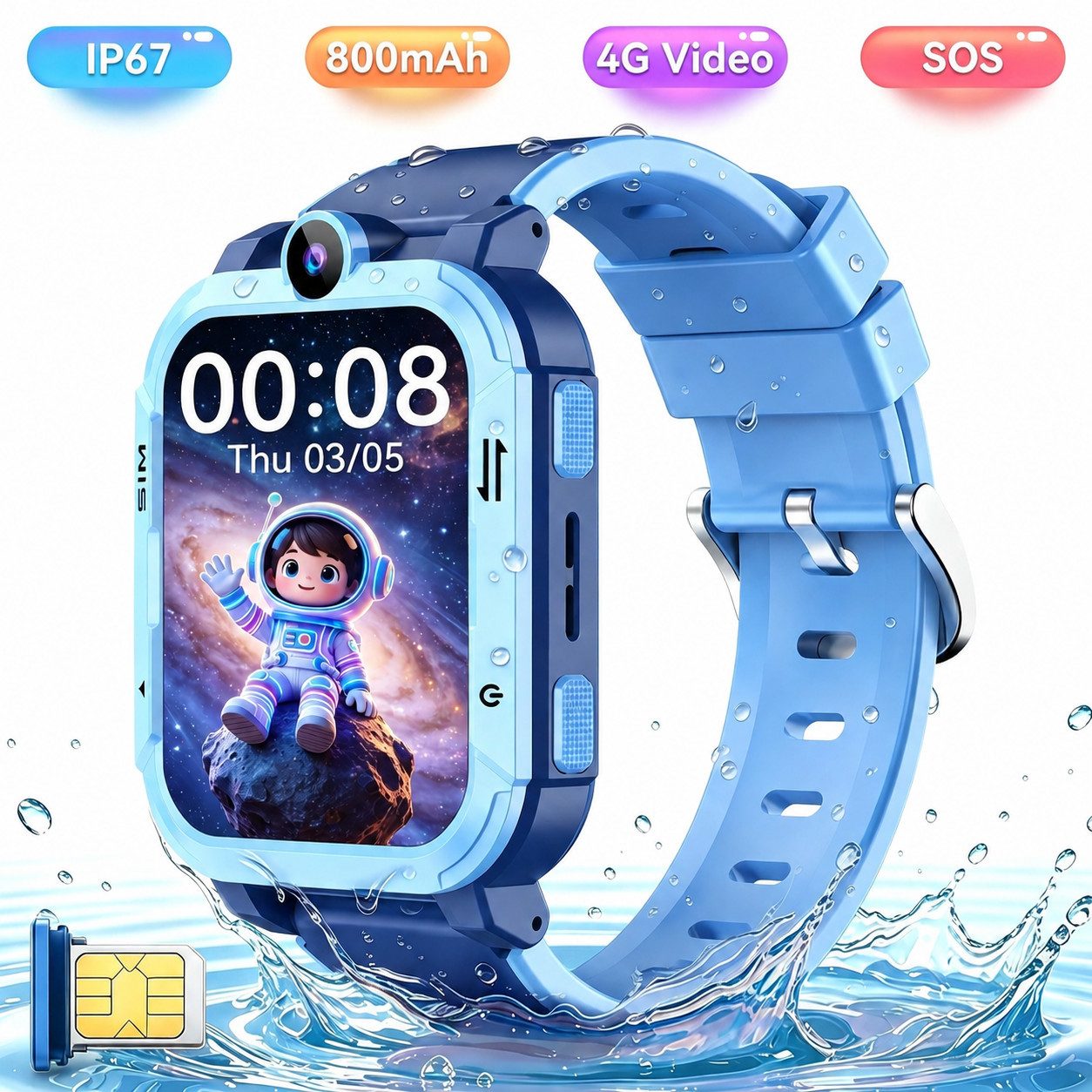 blackview Kinderuhr mit GPS Telefon und Videoanruf, SOS-Taste, 800mAh, Geschenk Smartwatch (Blau Zoll), Bis zu 30 Kontakte, Fernabschaltung, Face-Unlock, 4G Nano SIM