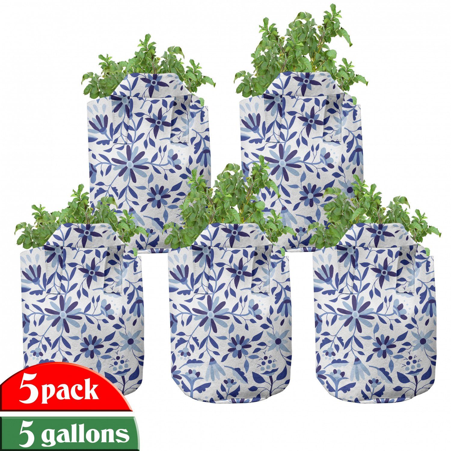 Abakuhaus Pflanzkübel hochleistungsfähig Stofftöpfe mit Griffen für Pflanzen, Blau Moderne Blumen-Blatt-Knospen