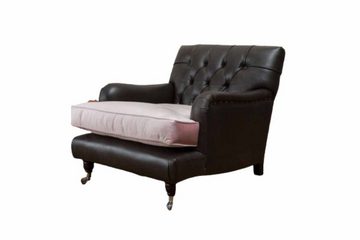 JVmoebel Chesterfield-Sessel CHESTERFIELD-SESSEL AUS BRAUNEM LEDER, KISSEN AUS ROSA SAMT