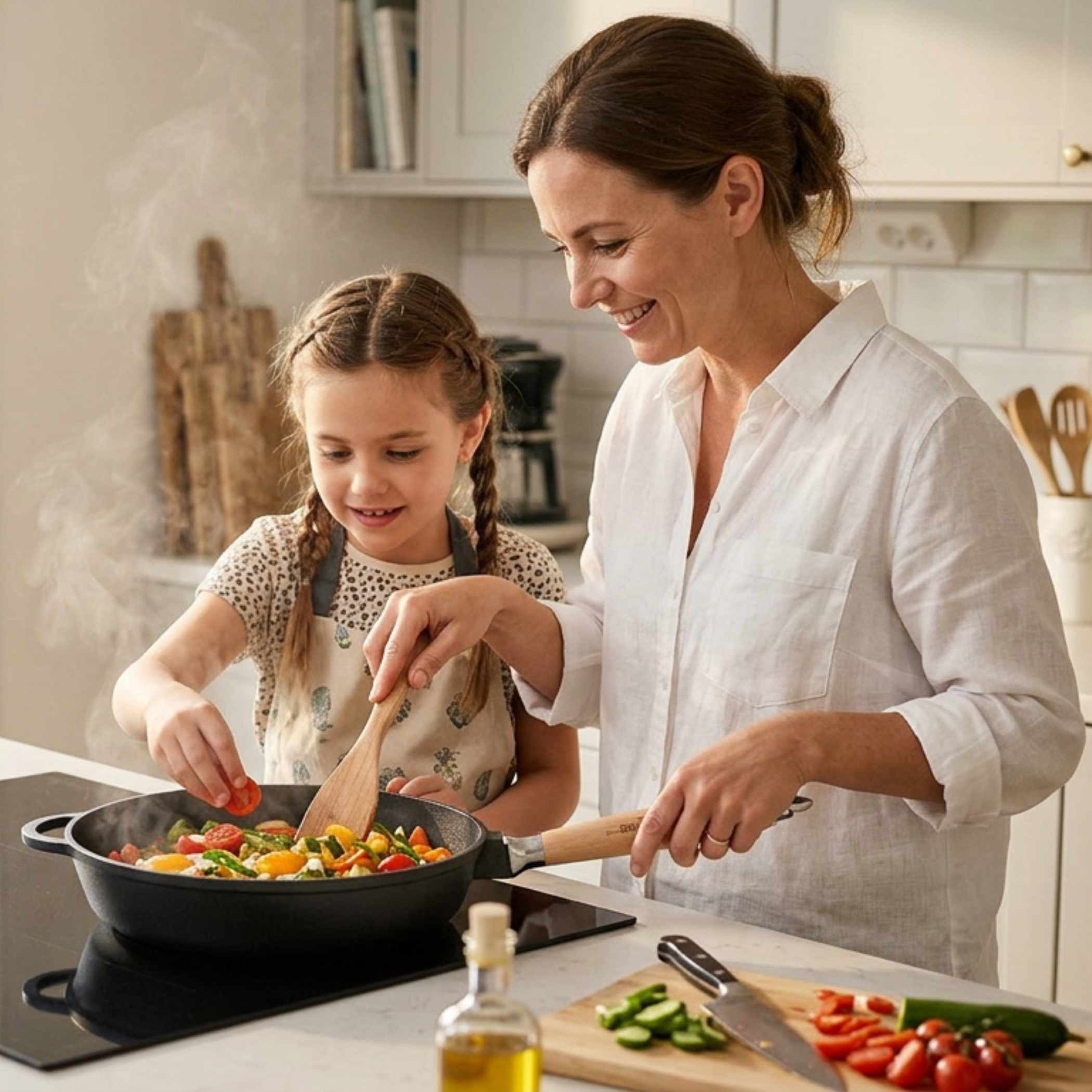 BIG-PAN Schmorpfanne Premium Gusseisenpfanne 28 cm tief Induktion mit abnehmbarem Holzgriff, Gusseisen (Pfanne Gußeisenpfanne Eisenpfanne, Cast Iron Pan), Induktion backofenfest UNBESCHICHTET