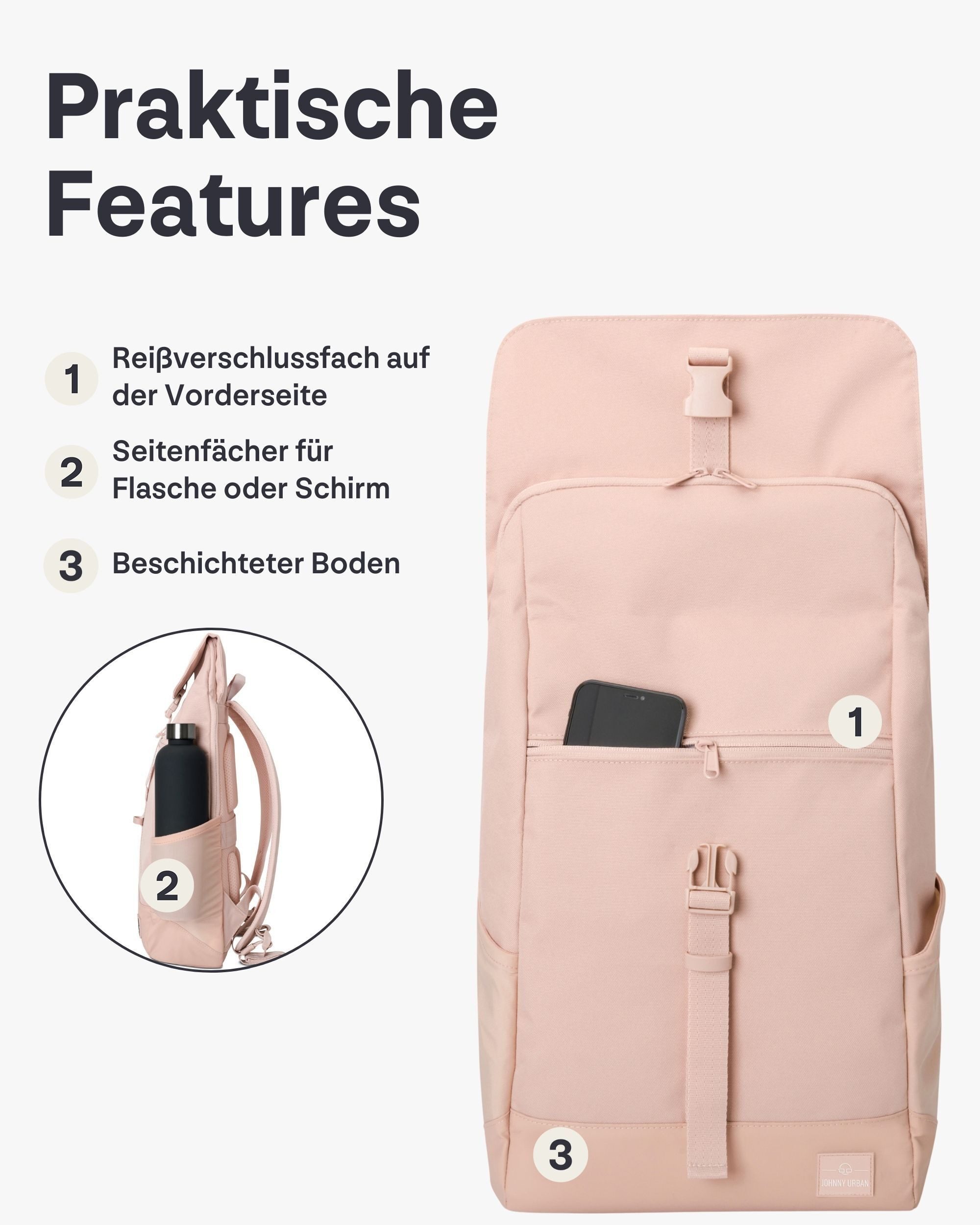 Johnny Urban Cityrucksack MIKA, Rolltop Damen Herren, Laptop Fach (1-tlg), Flexible Größe, Gepolstertes Laptopfach, Wasserabweisend
