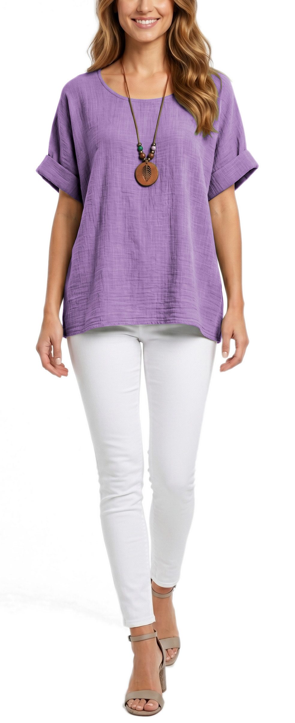 dy_mode Kurzarmbluse Damen Kurzarm Bluse Leichte Sommer Tunika Baumwollbluse Oberteil in Unifarbe, mit passende Kette