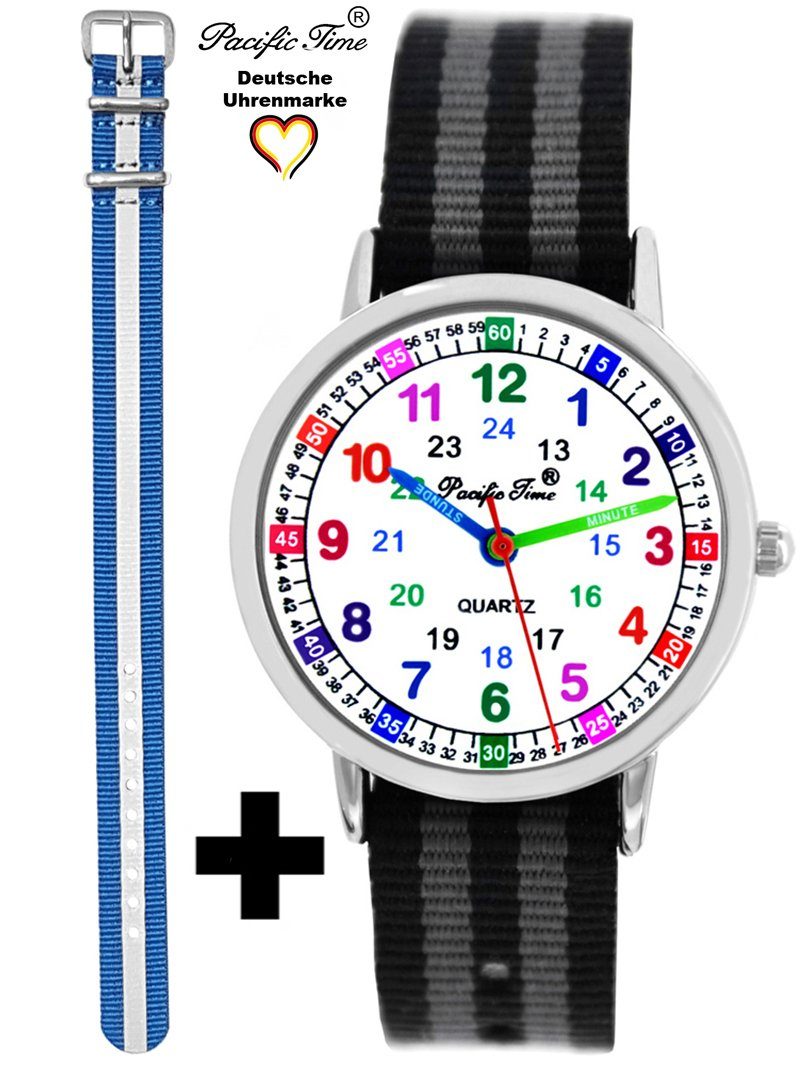 Pacific Time Quarzuhr Set Kinder Armbanduhr Lernuhr Wechselarmband, Mix und Match Design - Gratis Versand schwarz grau gestreift und Reflektor blau