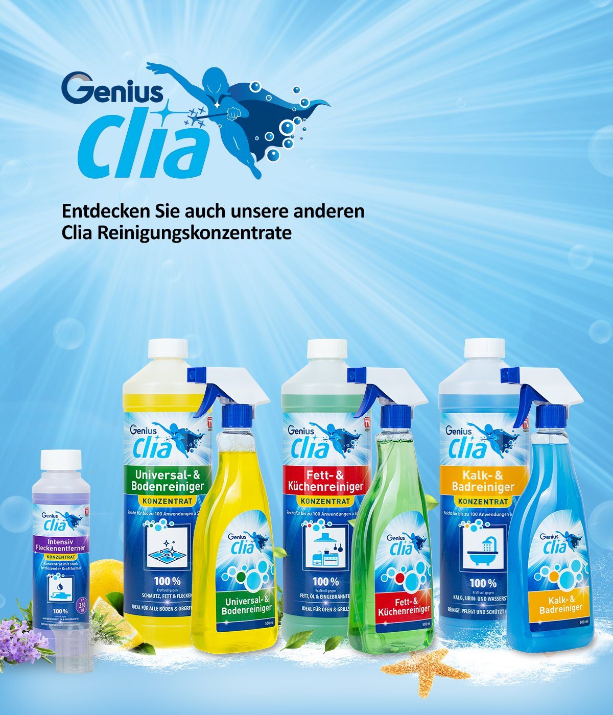 1L, Konzentrat Kalk- und Kalkweg, Reiniger Anti-Kalk Reinigungsspray Clia Genius Badreiniger