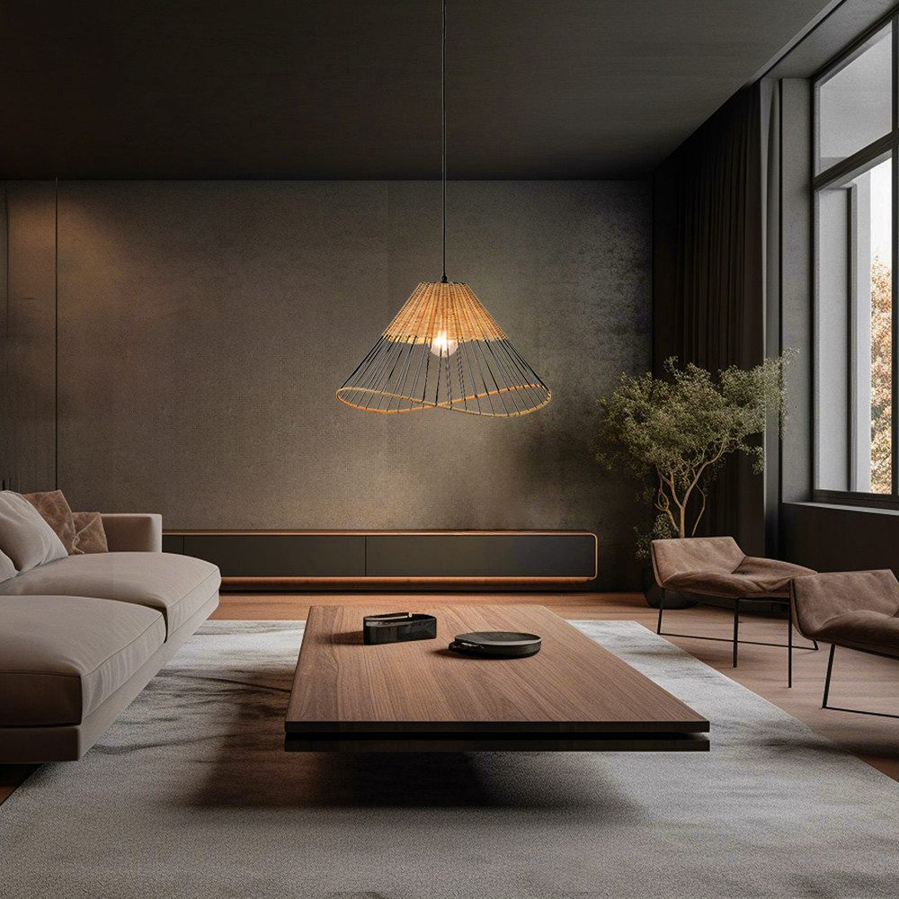 JUST LIGHT Pendelleuchte, Leuchtmittel nicht inklusive, Hängeleuchte Esszimmerlampe Metall schwarz Holzgeflecht E27 H 120 cm