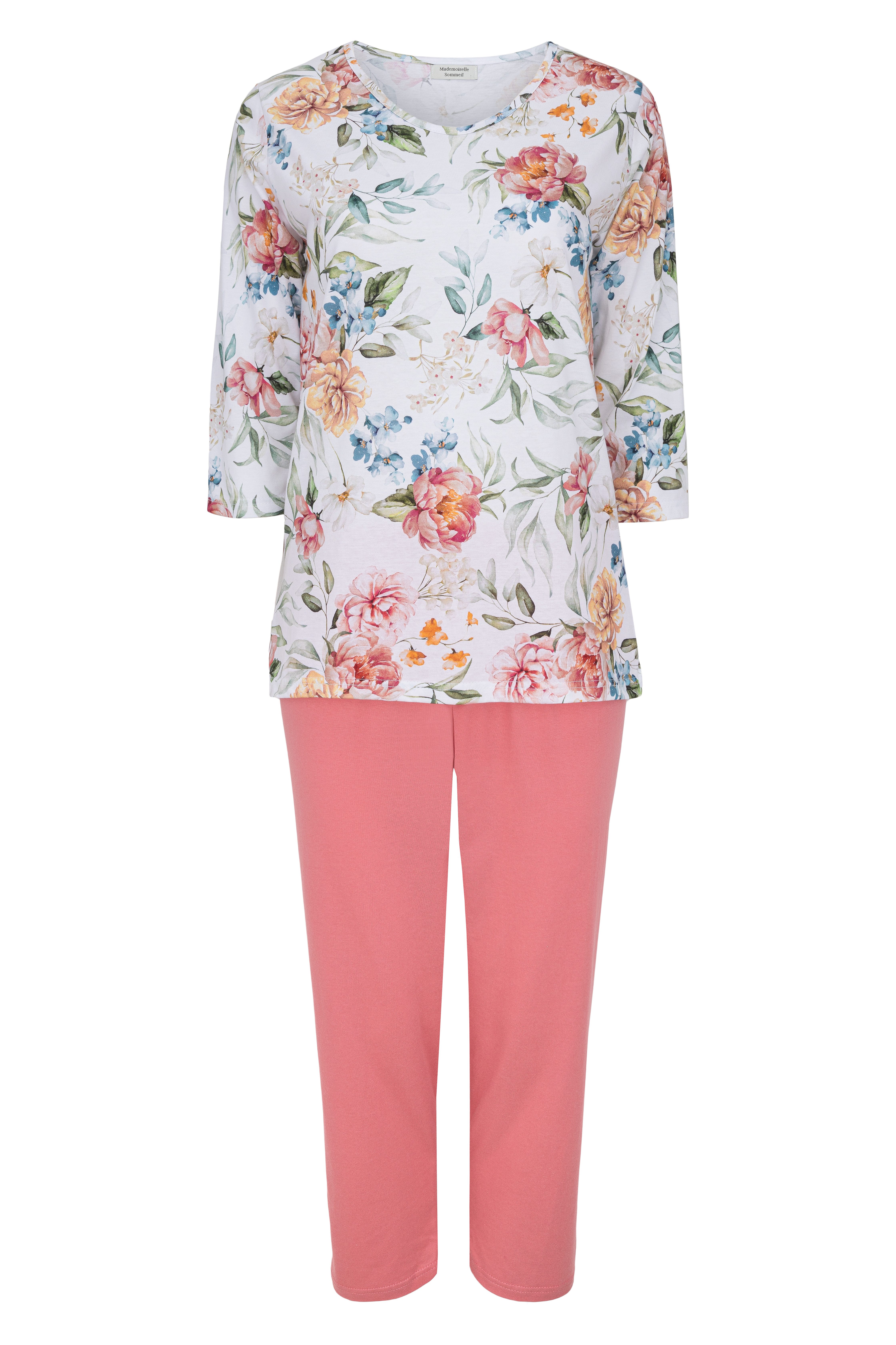 Mademoiselle Sommeil Capri-Pyjama Schlafanzug mit floralem Oberteil & rosa günstig online kaufen