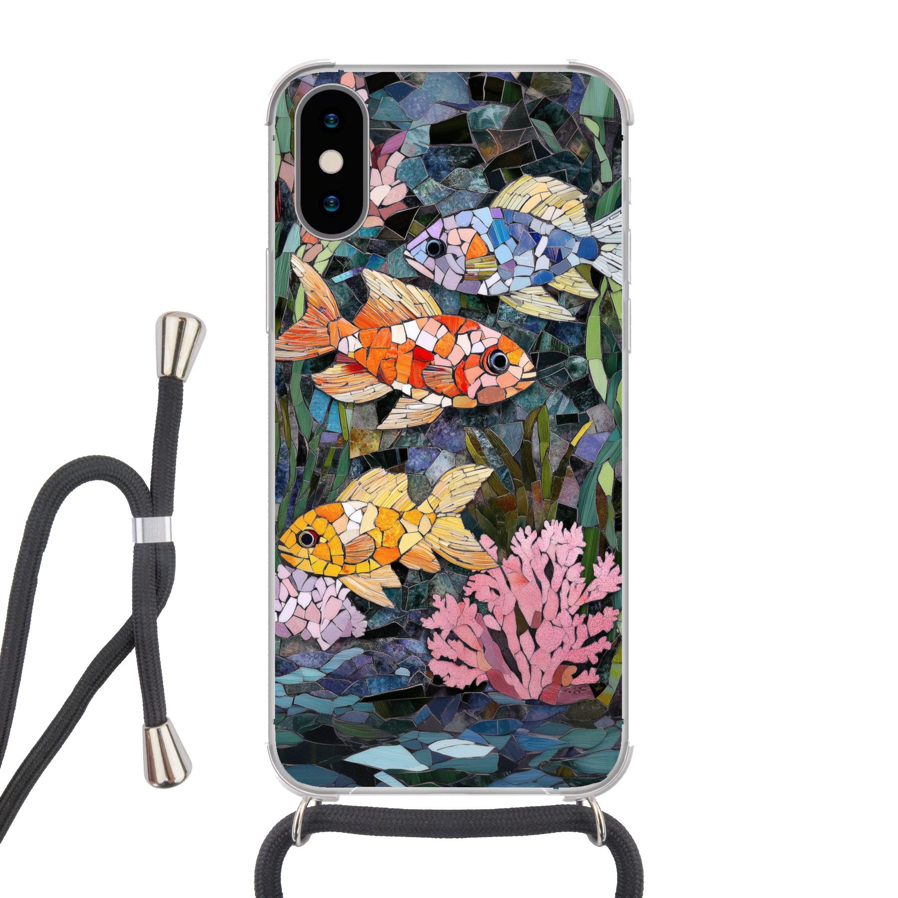 MuchoWow Handyhülle für Apple iPhone XS Fisch - Koralle - Meer - Mosaik, Tragbare Handyhüllen mit Kette zum umhängen, Handykette Handyband