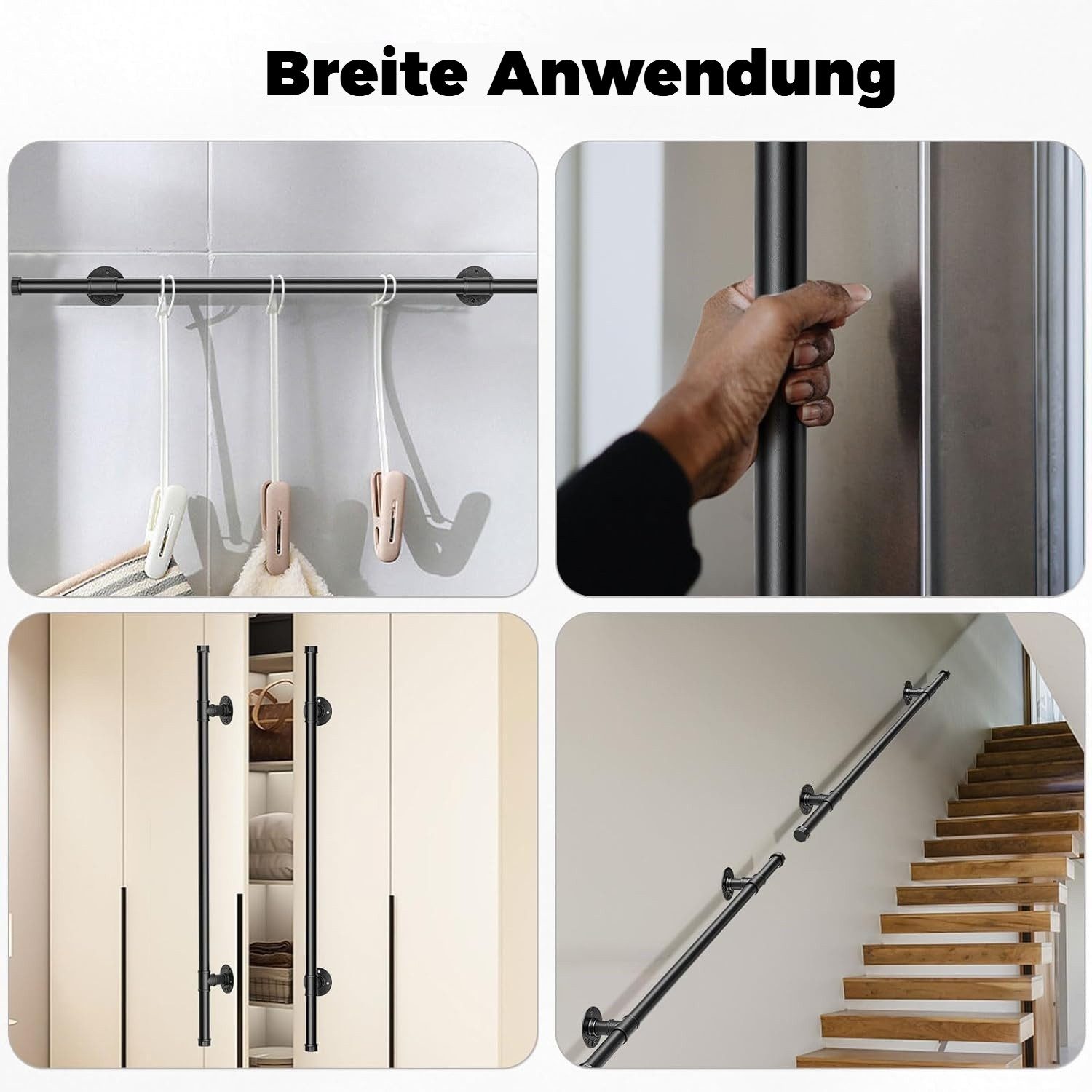 BlingBin Handlauf 150 / 100 cm verzinkter rutschfester Wandhandlauf, 100 cm Gesamtlänge, (1er Set, 1 St., 150cm/100cm), wetterfestes Treppengeländer für Bad, Kü – Bild 4 von 5