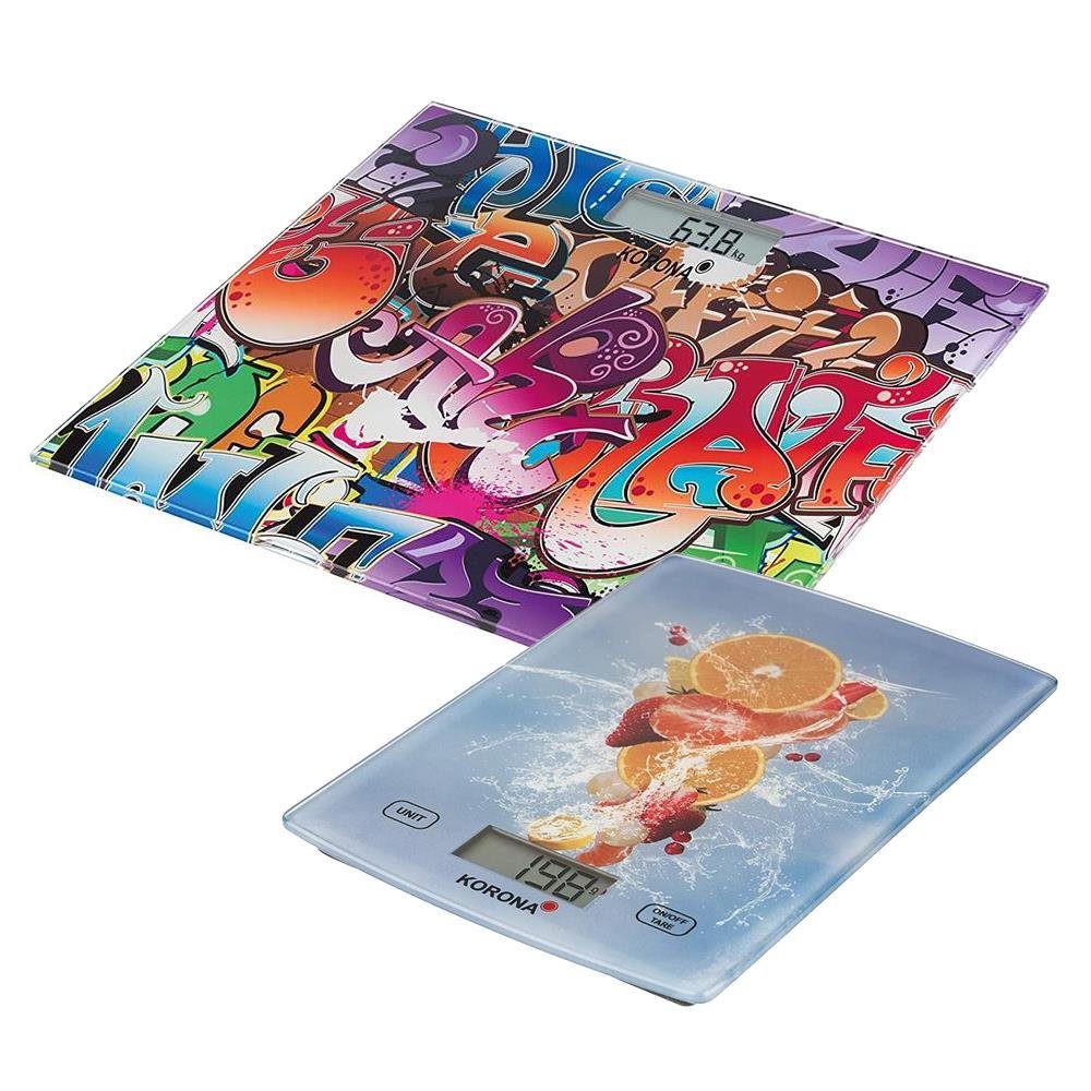 KORONA Personenwaage Glaswaage TONI 2für1 Set, digital, Glas, bunt, flach