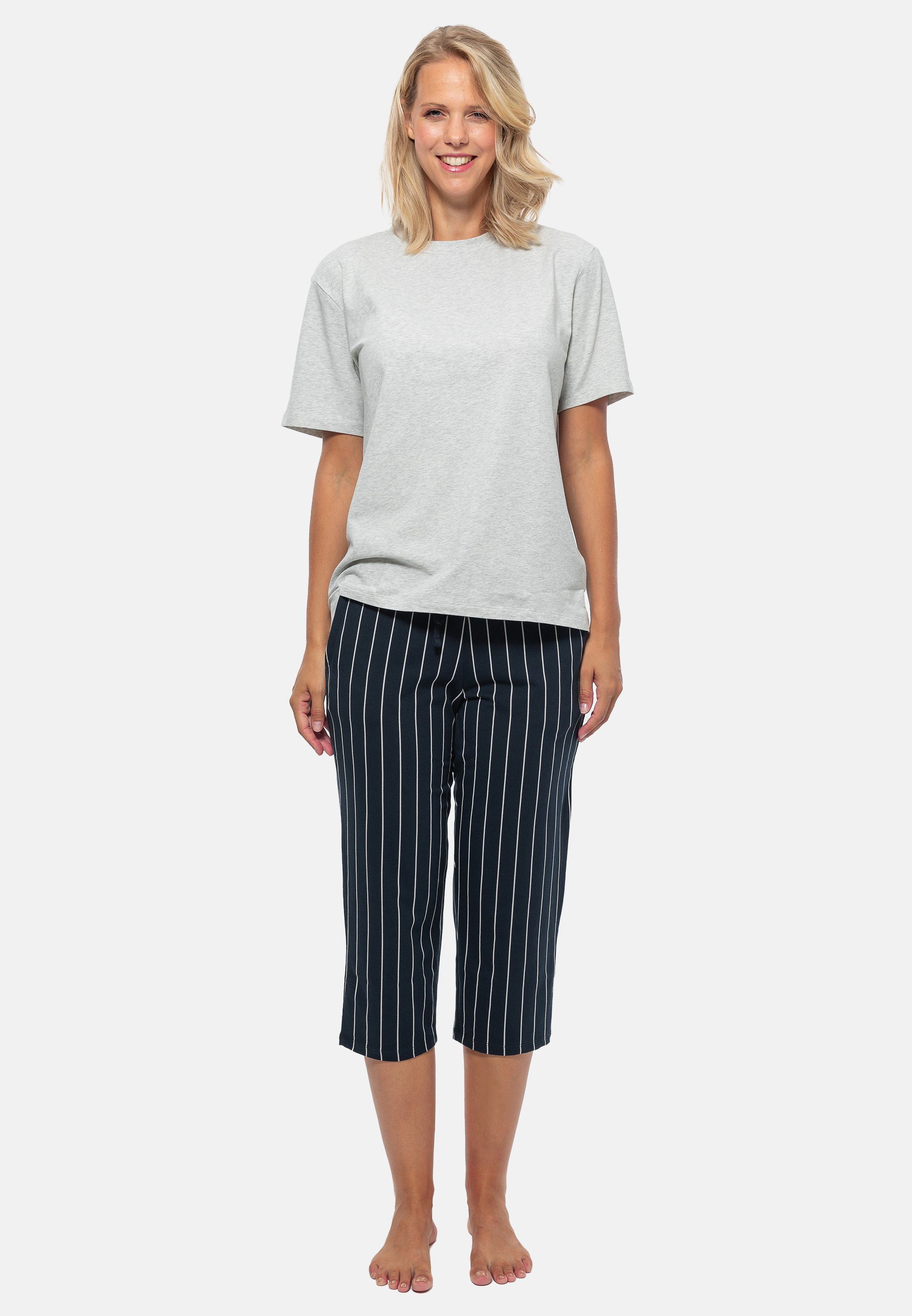 Schiesser Pyjama Organic Cotton (Set, 2 tlg) Schlafanzug - Baumwolle - Blau gestreift / Grau