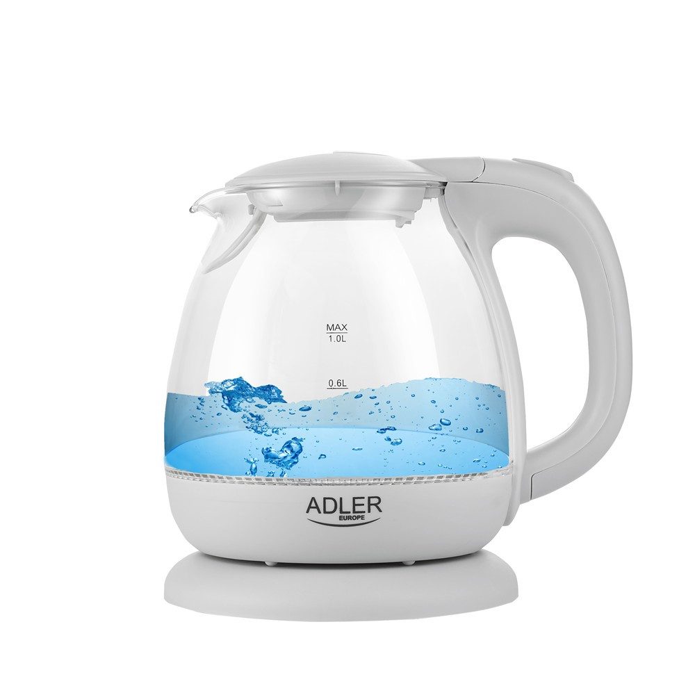 ADLER EUROPE Wasserkocher AD 1283G Glas Wasserkocher klein, Mini Wasserkocher für Büro, 1 l, 1100 W, Singleküche & Reise, LED Beleuchtung, 360° Basis, Grau