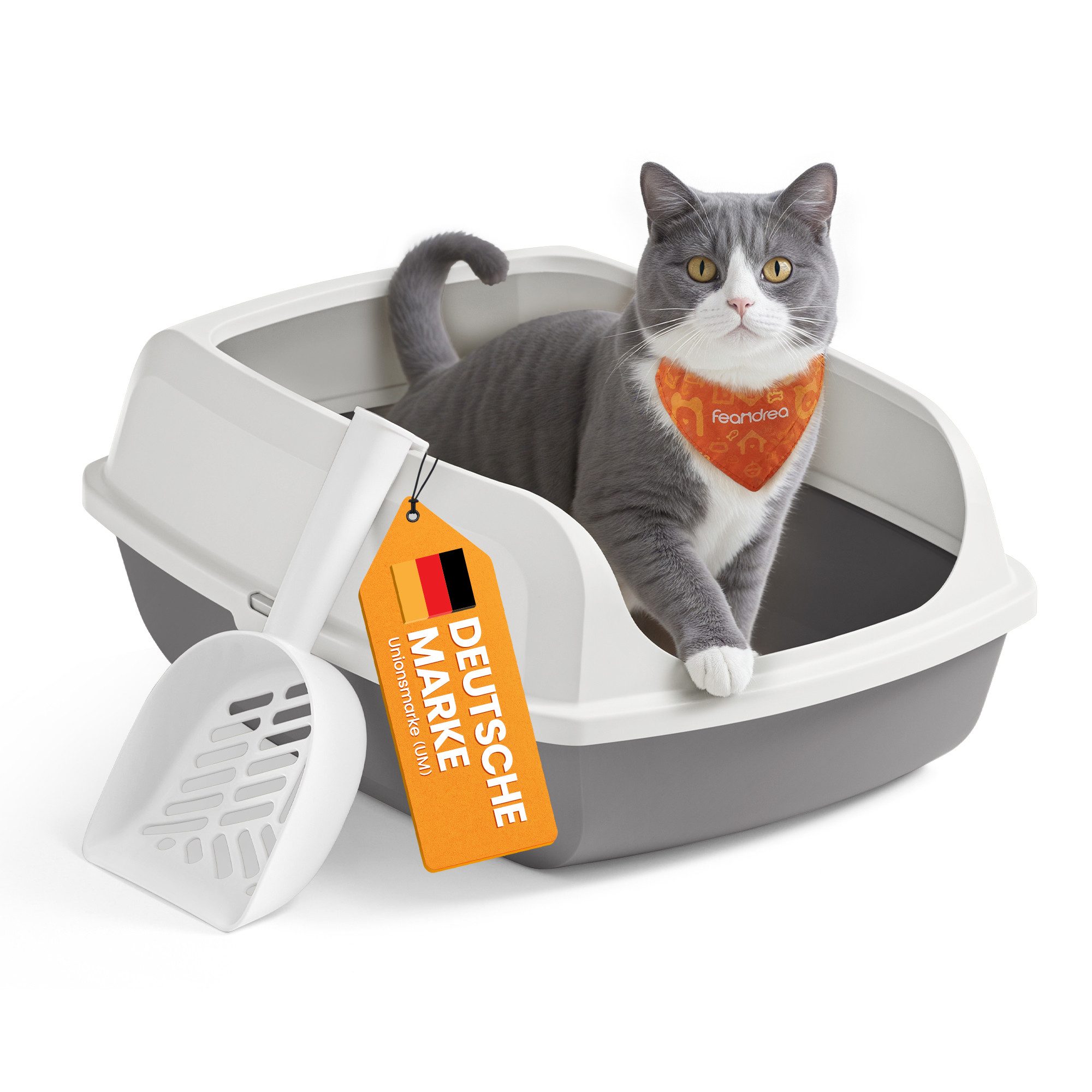 FEANDREA Katzentoilette, Katzenklo mit hohen Seitenwänden, offene Katzentoilette, mit Schaufel