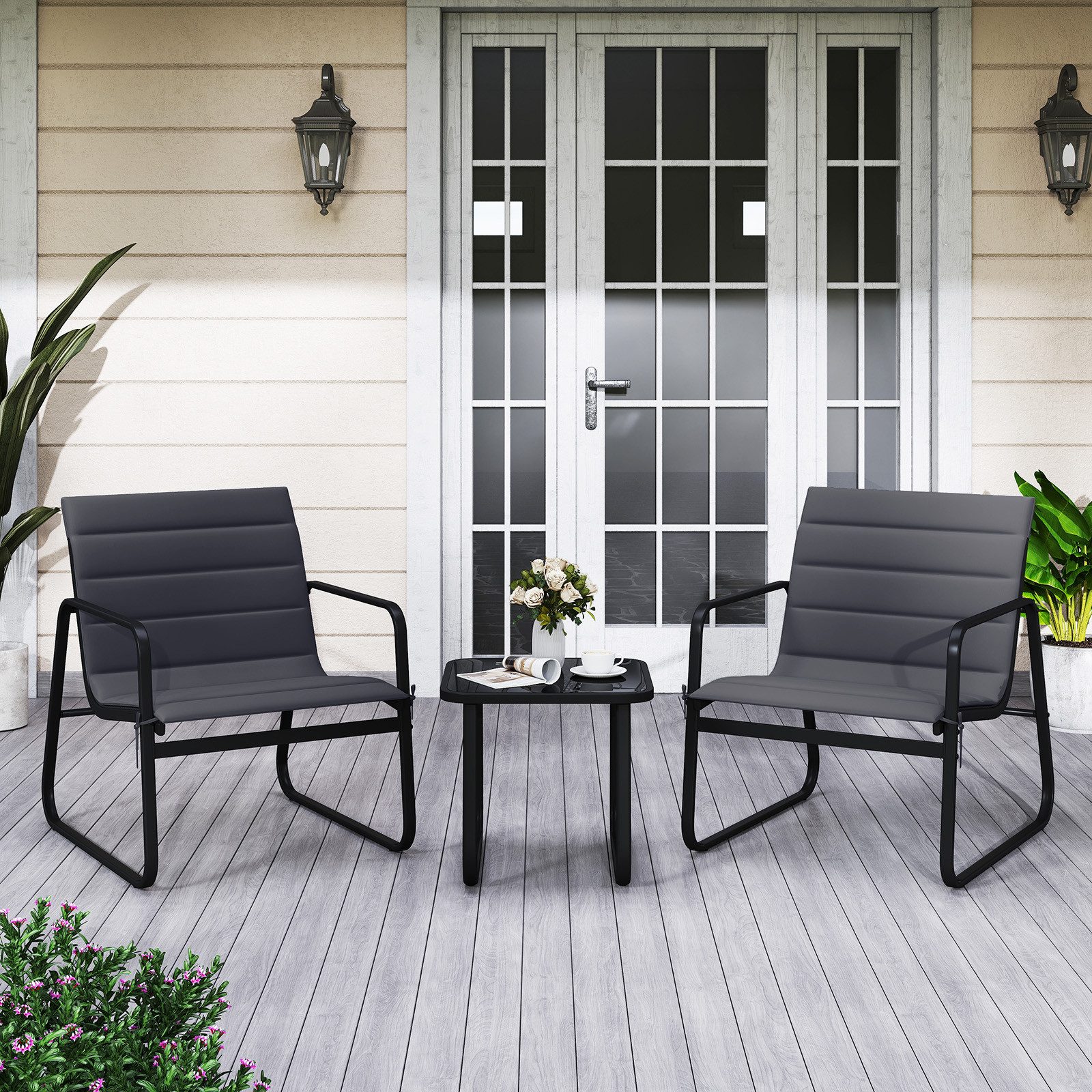 COSTWAY Balkonset, (3-tlg), Bistro-Set, 2 Schaukelstühlen mit Kissen, Tisch