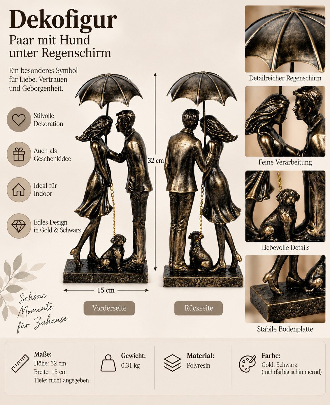MF Dekofigur Dekofigur Paar mit Hund unter Regenschirm Gold Schwarz 32cm (1 St) – Bild 5 von 5