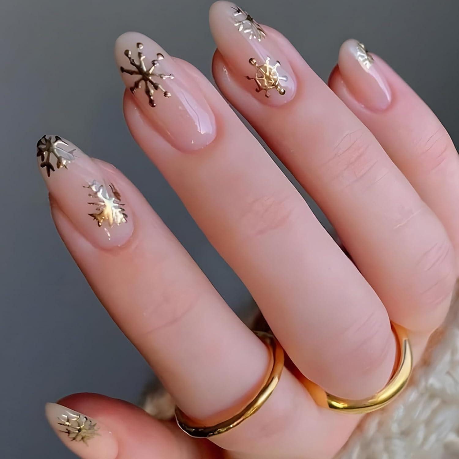 Kunstfingernägel 24 Weihnachten Press on Nails Mandel Gold Schneeflocke French Acryl