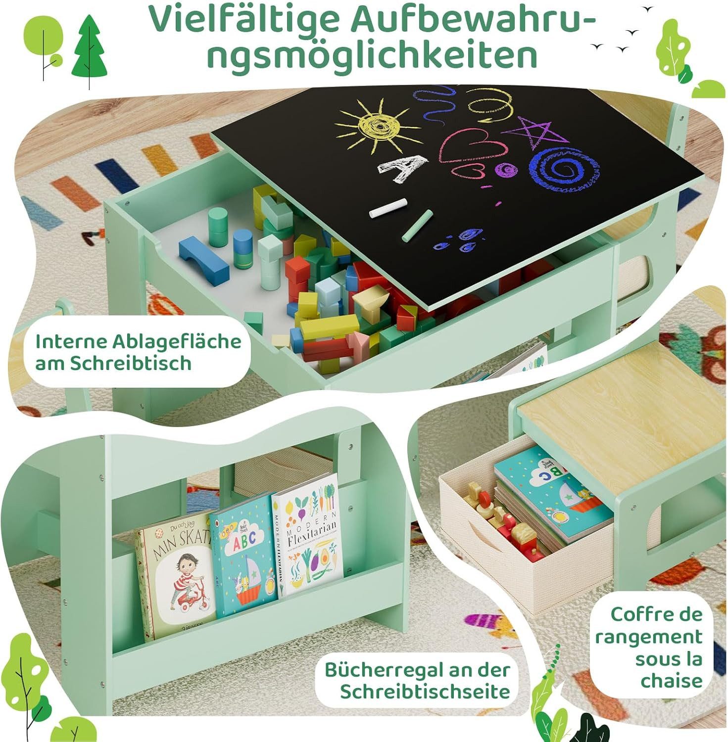 TLGREEN Kindersitzgruppe 3-in-1 Multifunktional mit Whiteboard & Kreidetafel, (Maltisch & Schreibtisch mit Großen Stauraum & Buchständer, Spieltisch für Lego Ki – Bild 4 von 5