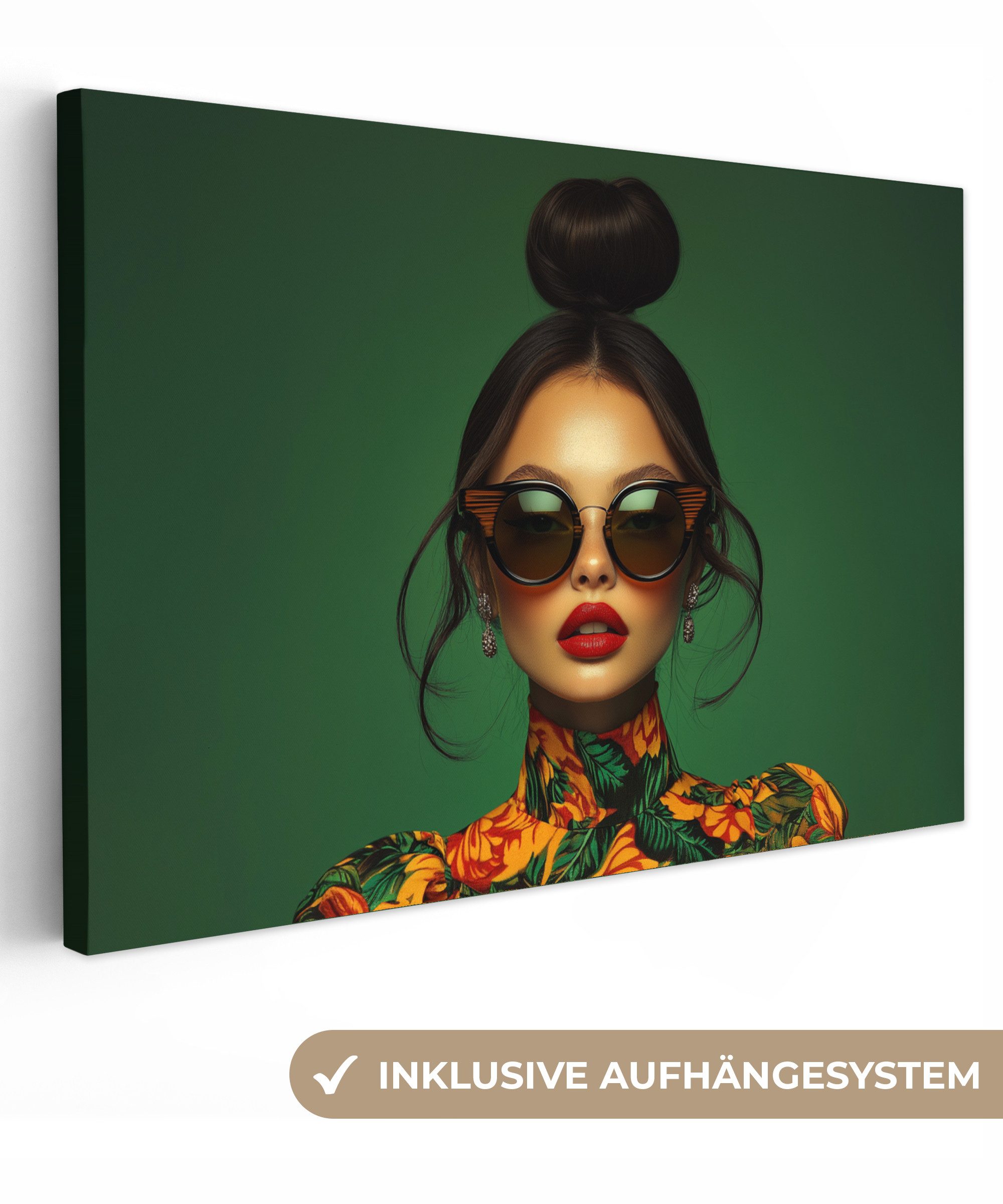 OneMillionCanvasses® Leinwandbild Frau - Grün - Modern - Brille - Abstrakt, günstig online kaufen