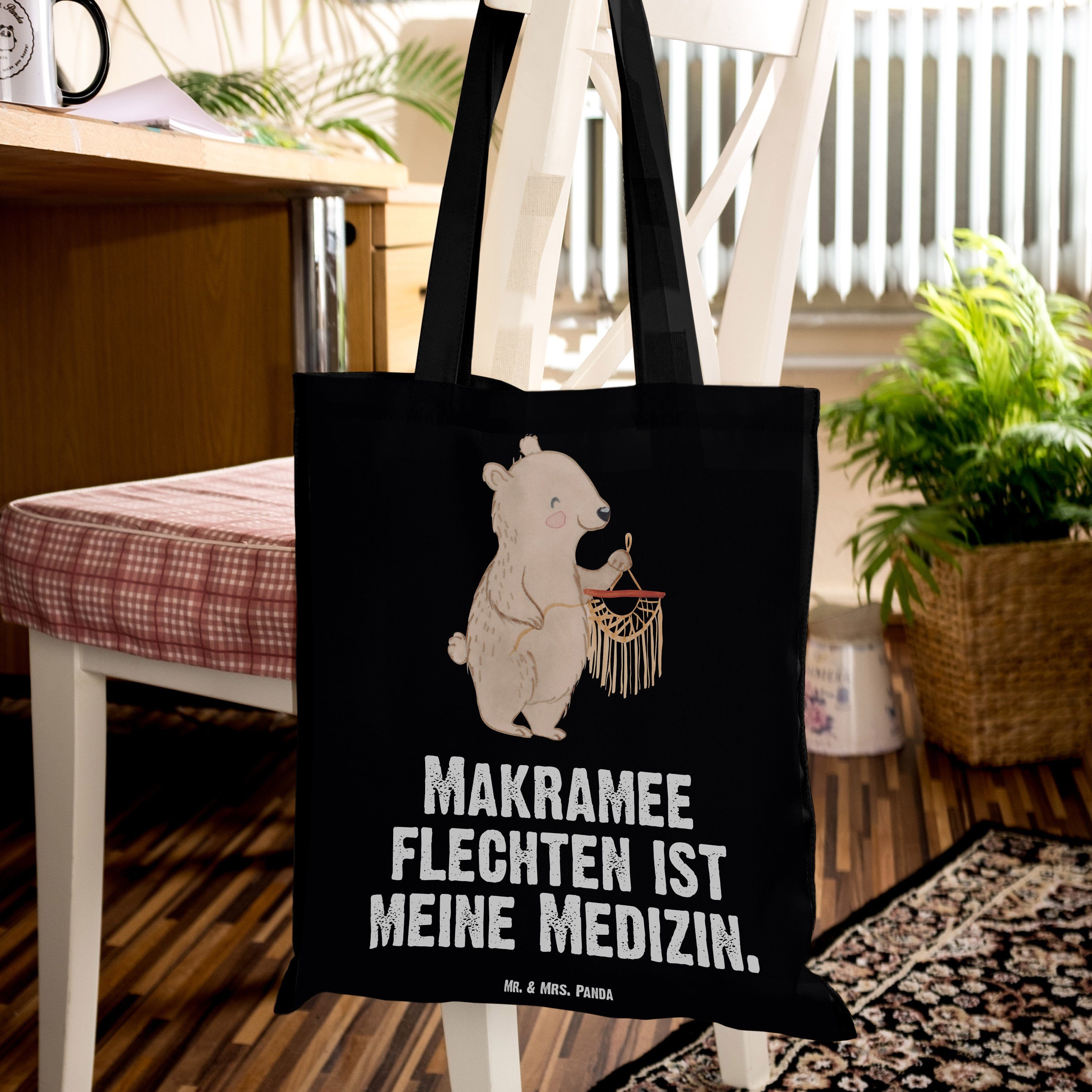 Jute Mr. Makramee Schwarz - Tragetasche Medizin Basteln, Geschenk, Mrs. Panda Bär (1-tlg) - & Stoffbeutel,