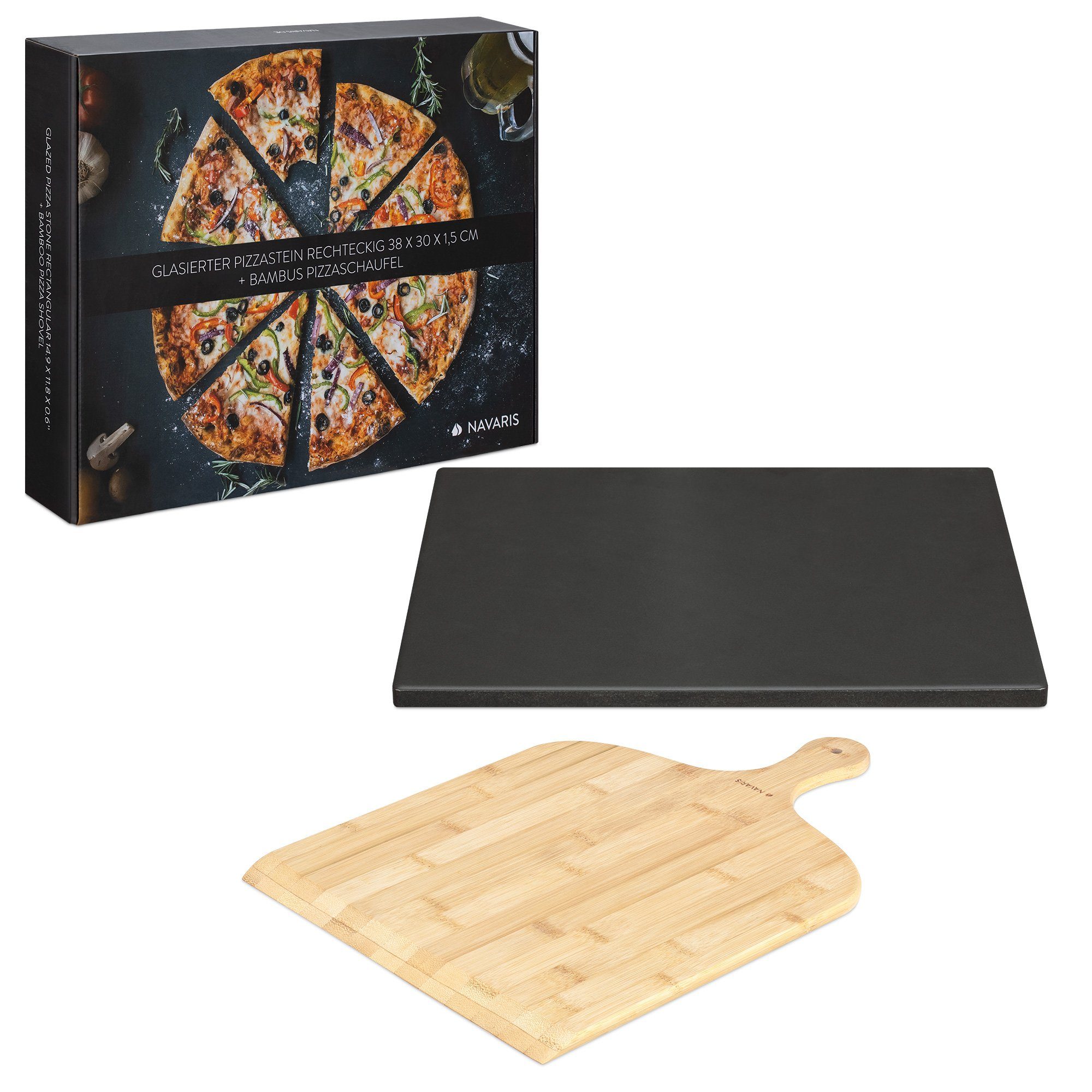 Navaris Backstein Pizzastein für Backofen - Glasierter Pizzastein 38x30cm & Schaufel, Korderit-Keramik, (1-St)