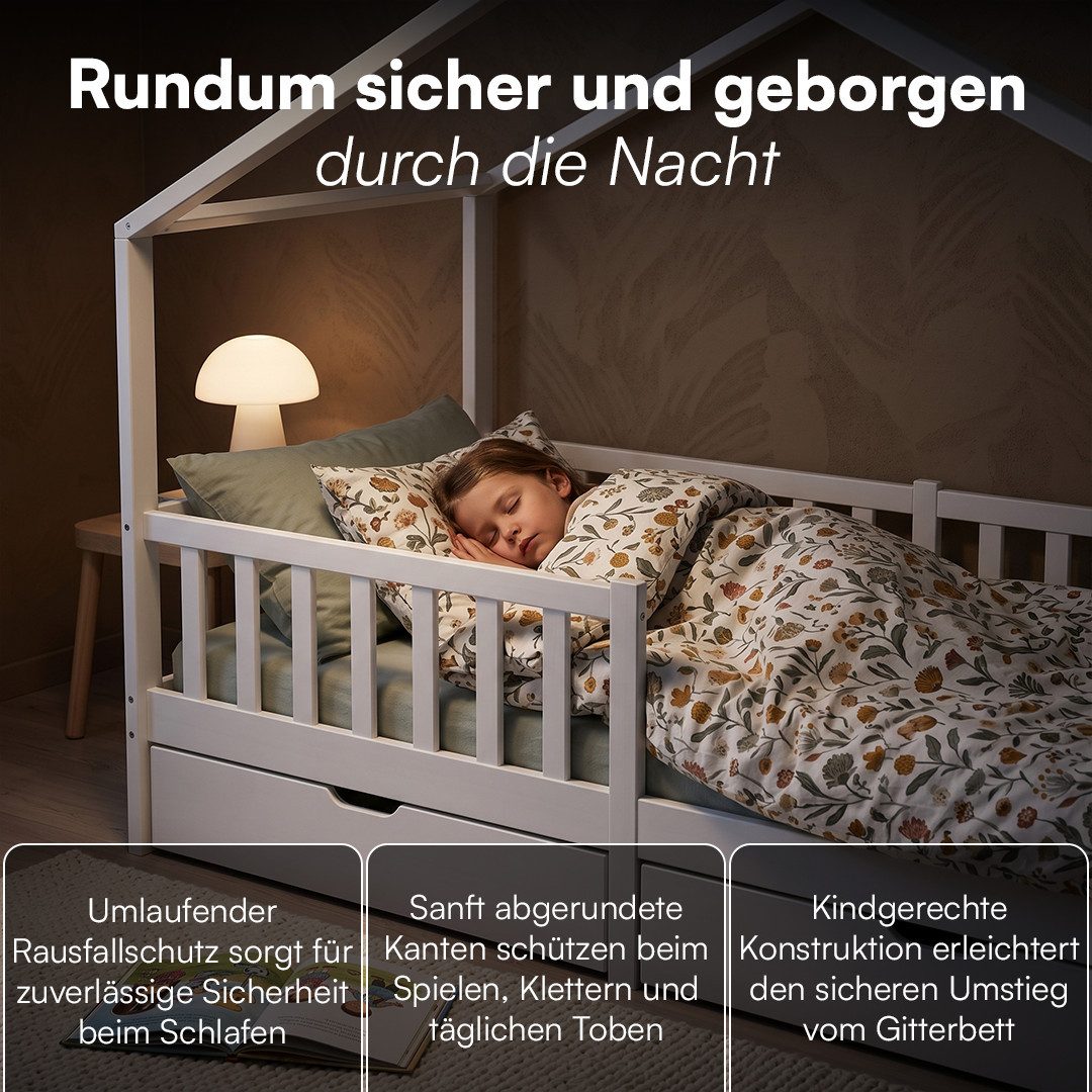 Bellabino Kinderbett Bia mit Rausfallschutz & Lattenrost (weiß, mit zwei Schubladen), Kinderbett aus Kiefernholz, verfügbar in 80x160/90/120/140x200 cm – Bild 2 von 5