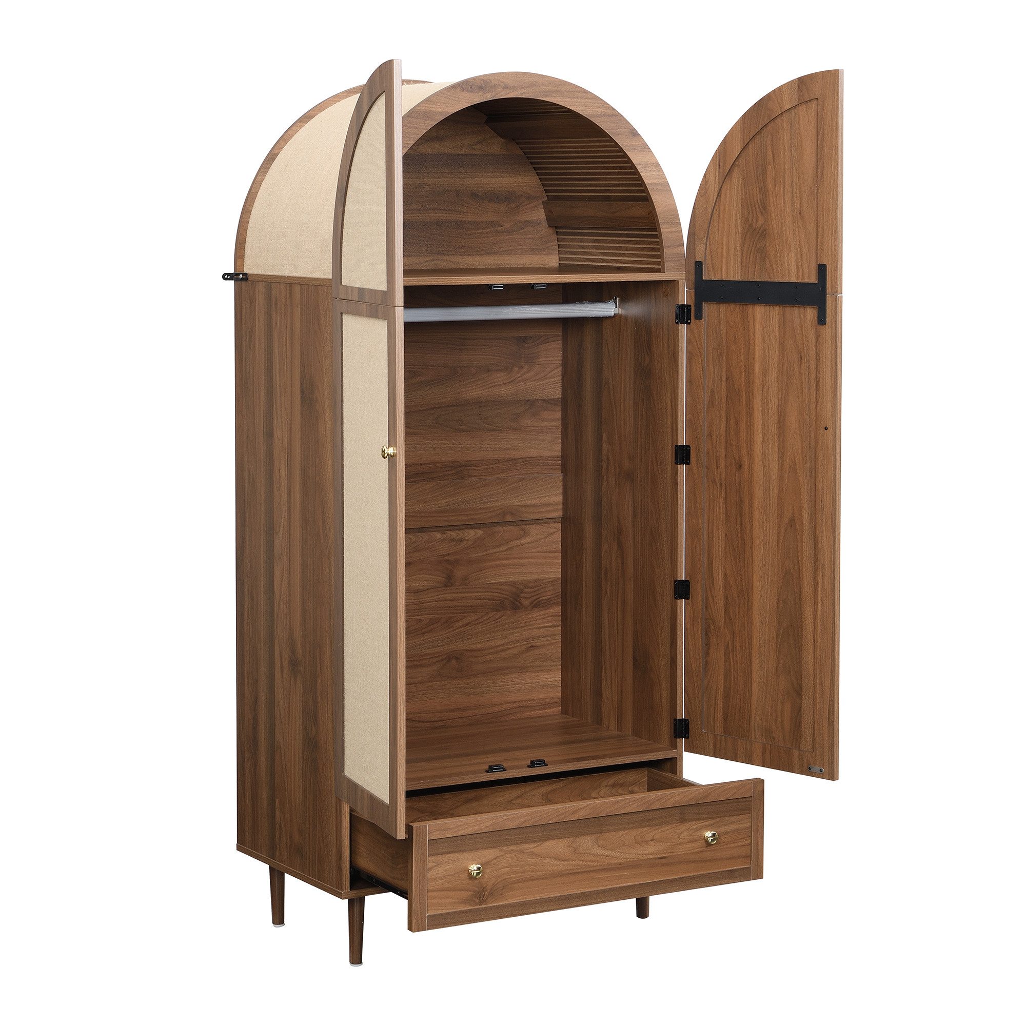 MODFU Kleiderschrank mit Walnussoptik (Garderoben-Set, 1-St., Walnussoptik) Stofftüren, Schublade